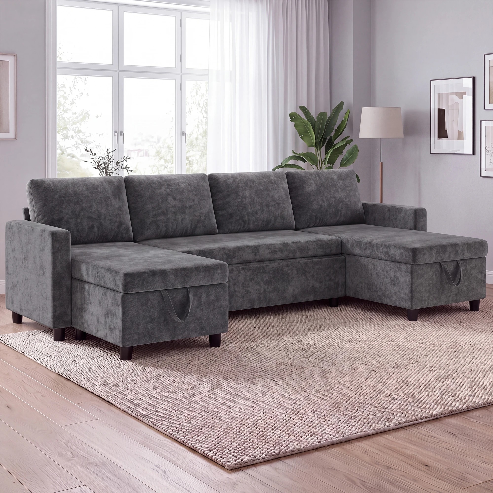 8 Advwin 253cm Sofa with Pull Out Bed U Shaped Chenille Convertible Sleeper Sofa Bed with Double Storage Chaise - Grey, 8 of 9