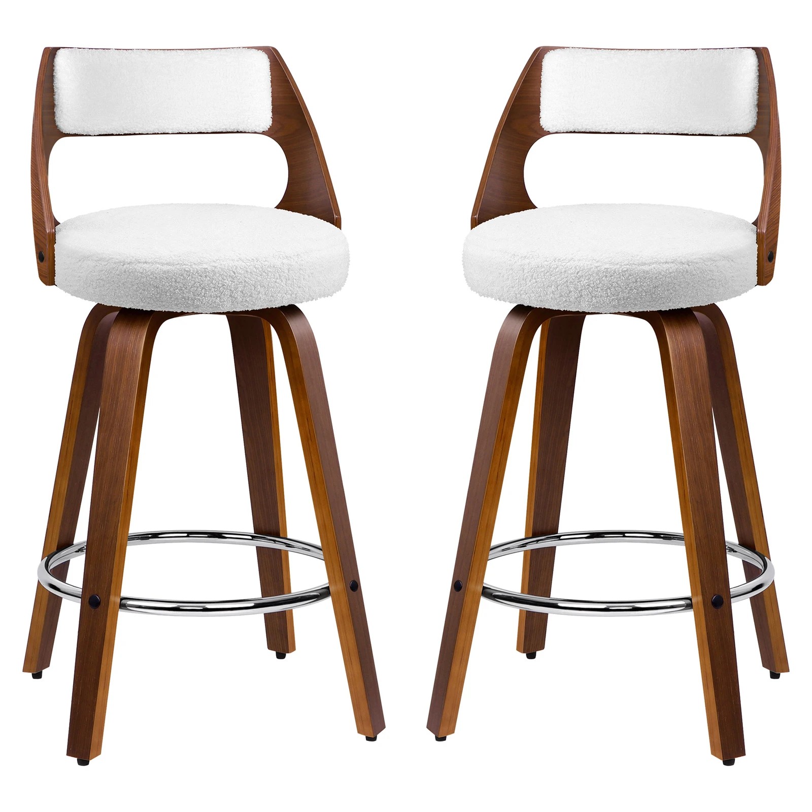 1 Alfordson 2x Swivel Bar Stools 65cm Kitchen Wooden Dining Chair Boucle - White, 1 of 10