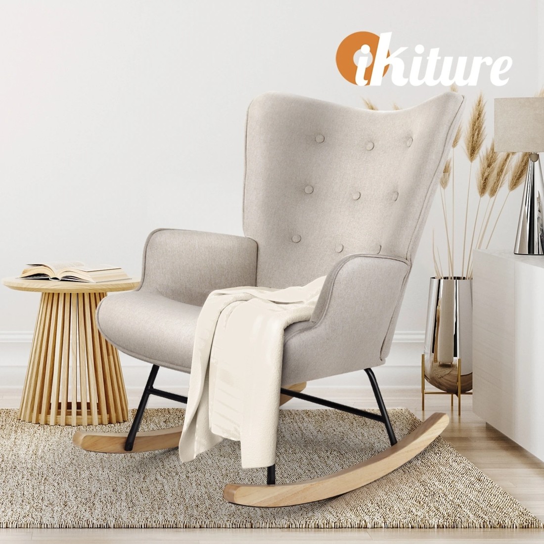5 Oikiture Rocking Chair Nursing Armchair Linen Accent Chairs Upholstered
 - Beige, 5 of 10