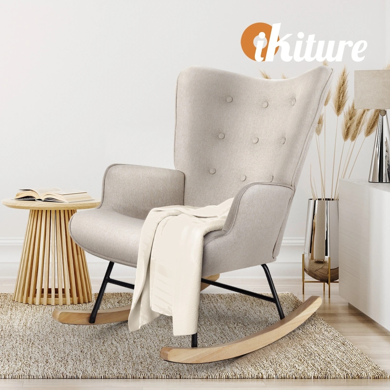 5 Oikiture Rocking Chair Nursing Armchair Linen Accent Chairs Upholstered
 - Beige, 5 of 10