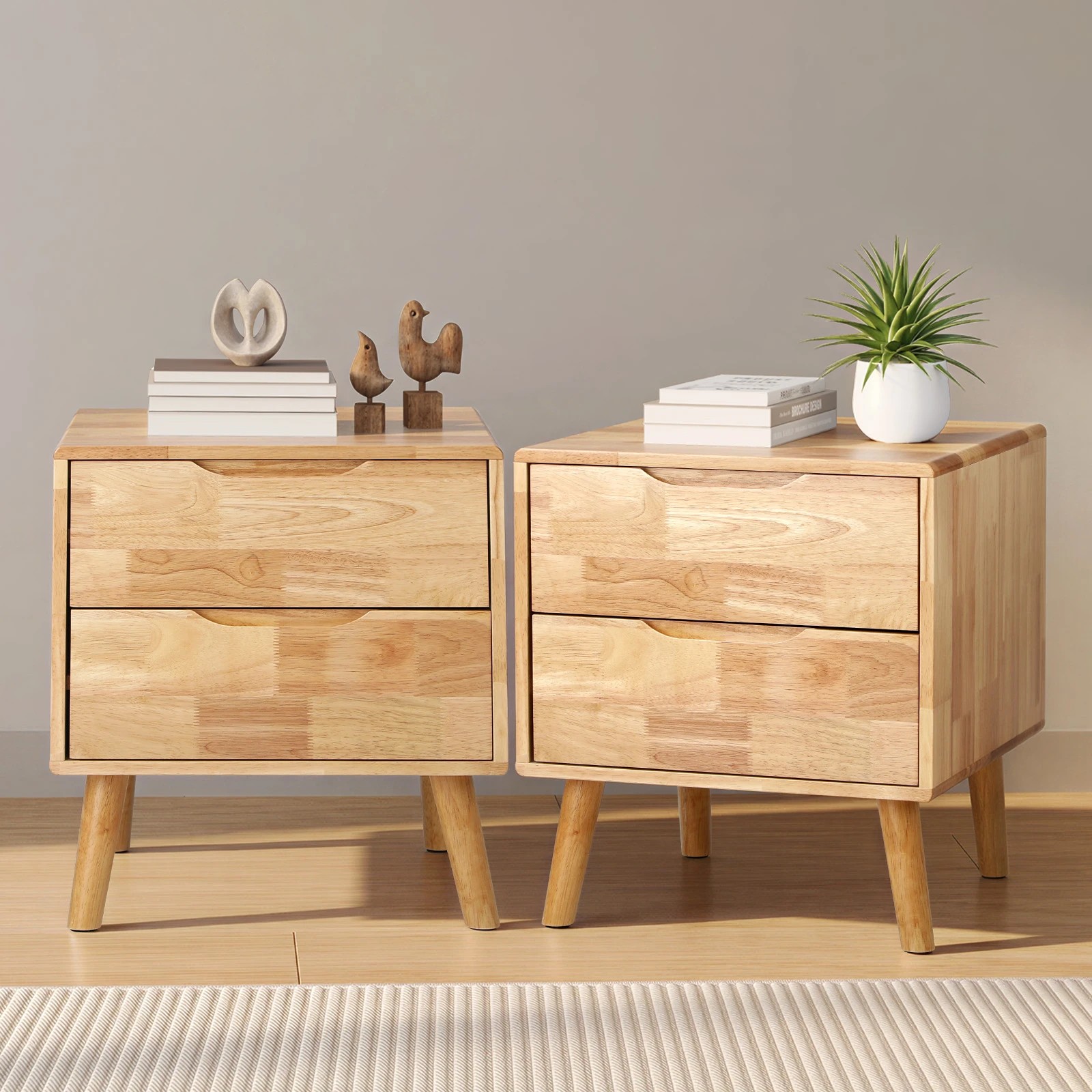 3 Oikiture 2pc Bedside Tables 2 Drawers Storage Nightstand Solid Wood - Natural, 3 of 8