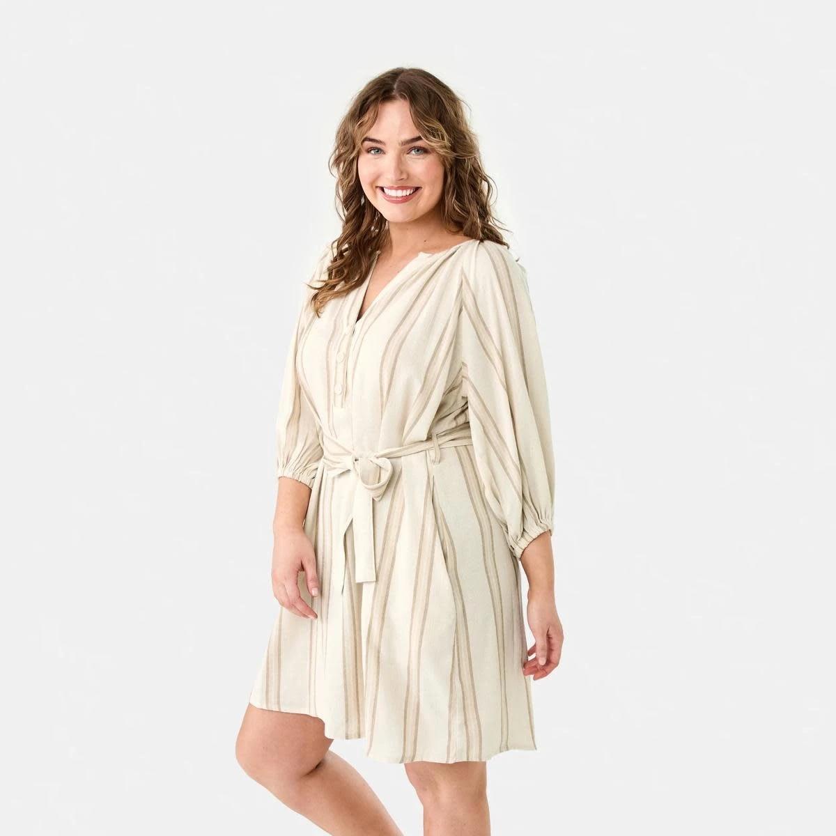 3 Elbow Sleeve Linen Blend Mini Dress STRIPE NATURAL BEIGE, 3 of 9