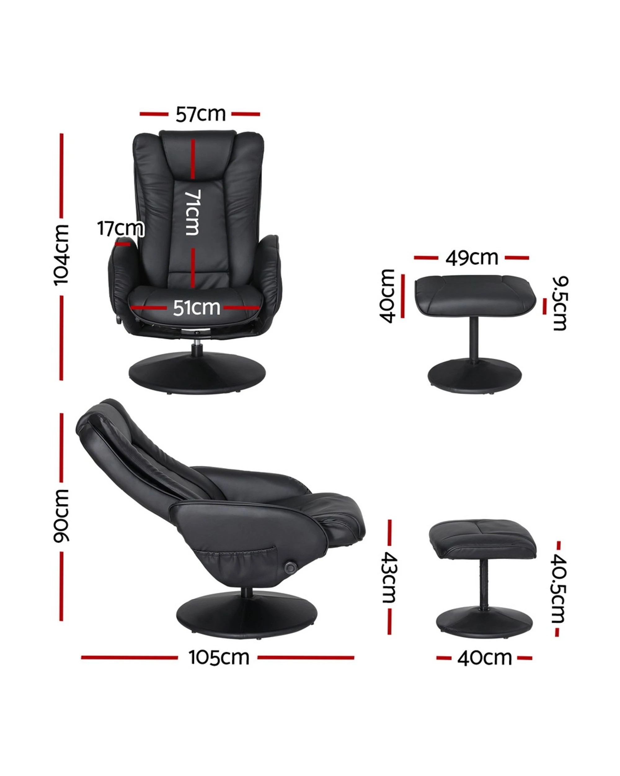 2 Artiss Recliner Chair Ottoman Heated Massage - Black, 2 of 5