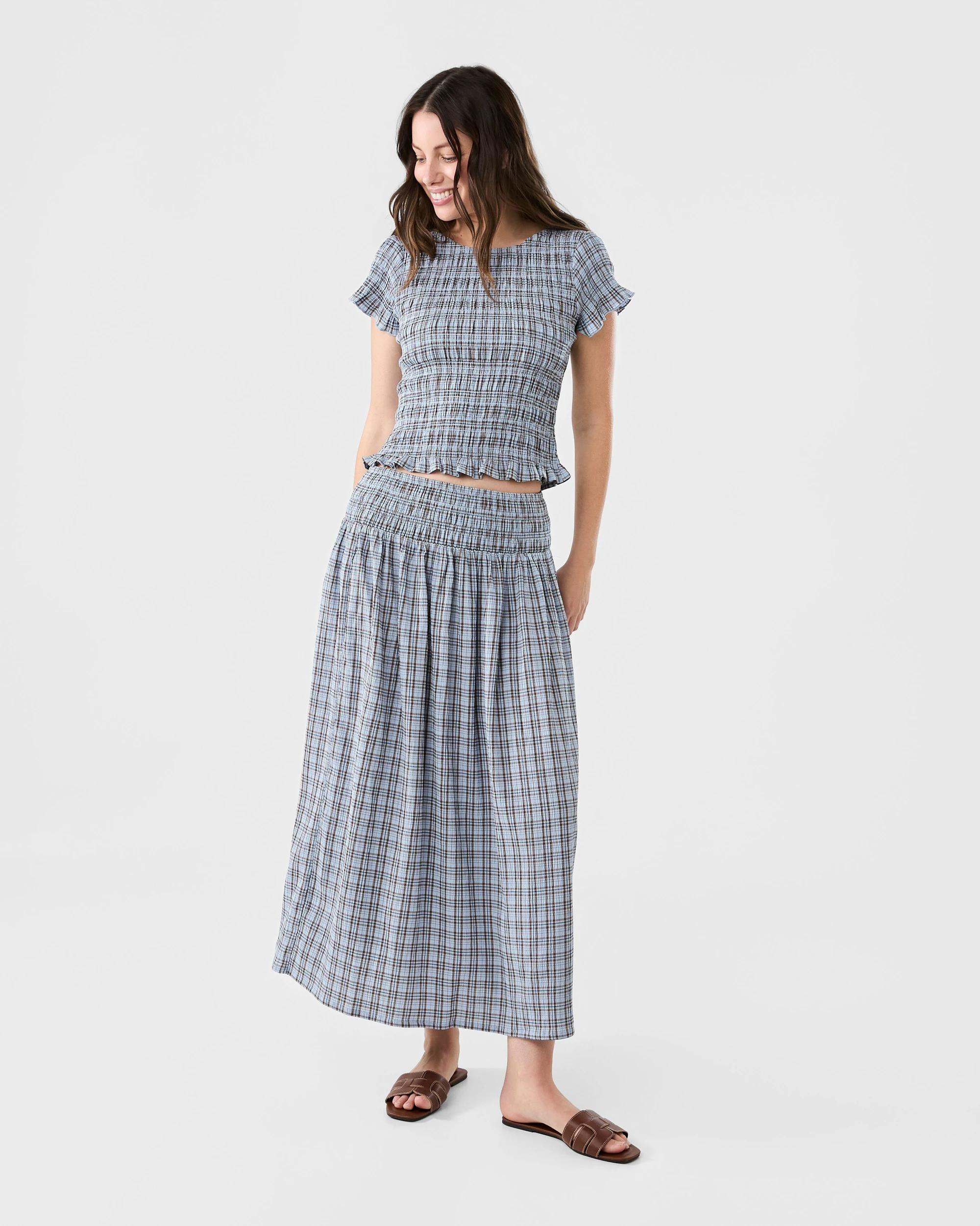 6 Short Sleeve Shirred Top Ging Blu, 6 of 6