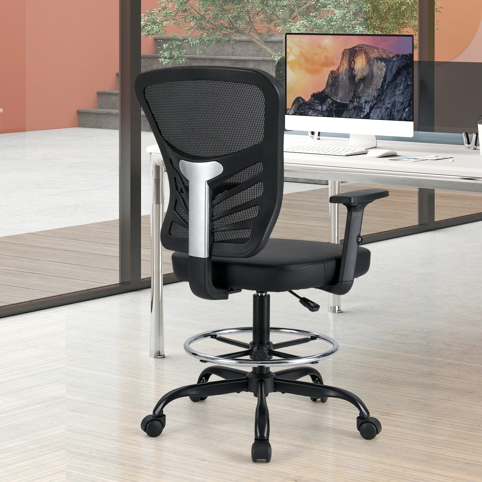 3 Costway Height-adjustable Drafting Chair Swivel Task Chair w/Adjustable Armrests Standing Desk Chair - Black, 3 of 4