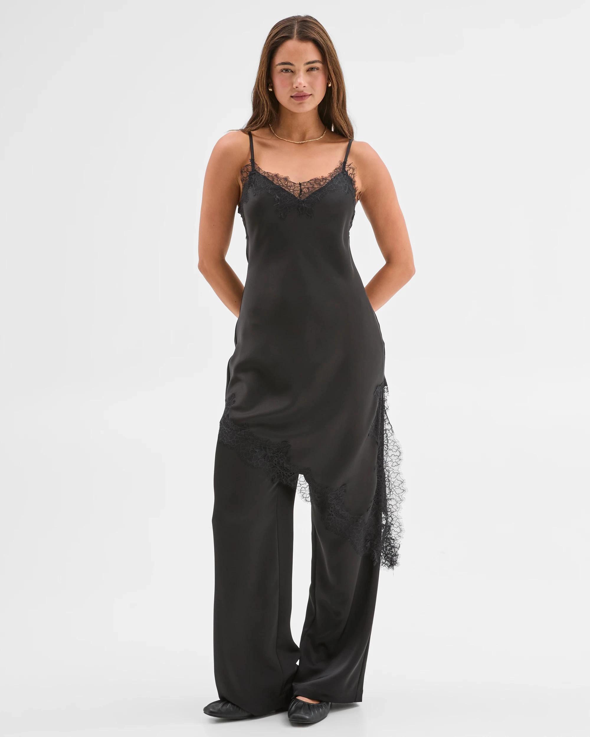 3 Lily Loves Satin Lace Trim Cami Midi Dress BLACK, 3 of 6