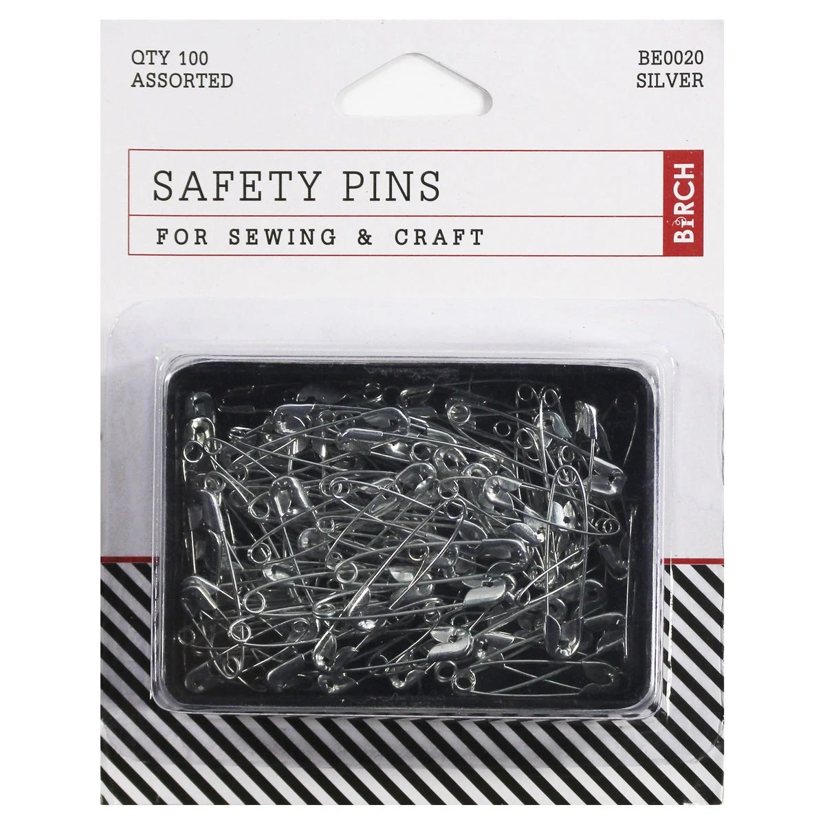 1 Birch 100 Pack Assorted Safety Pins - Silver Look