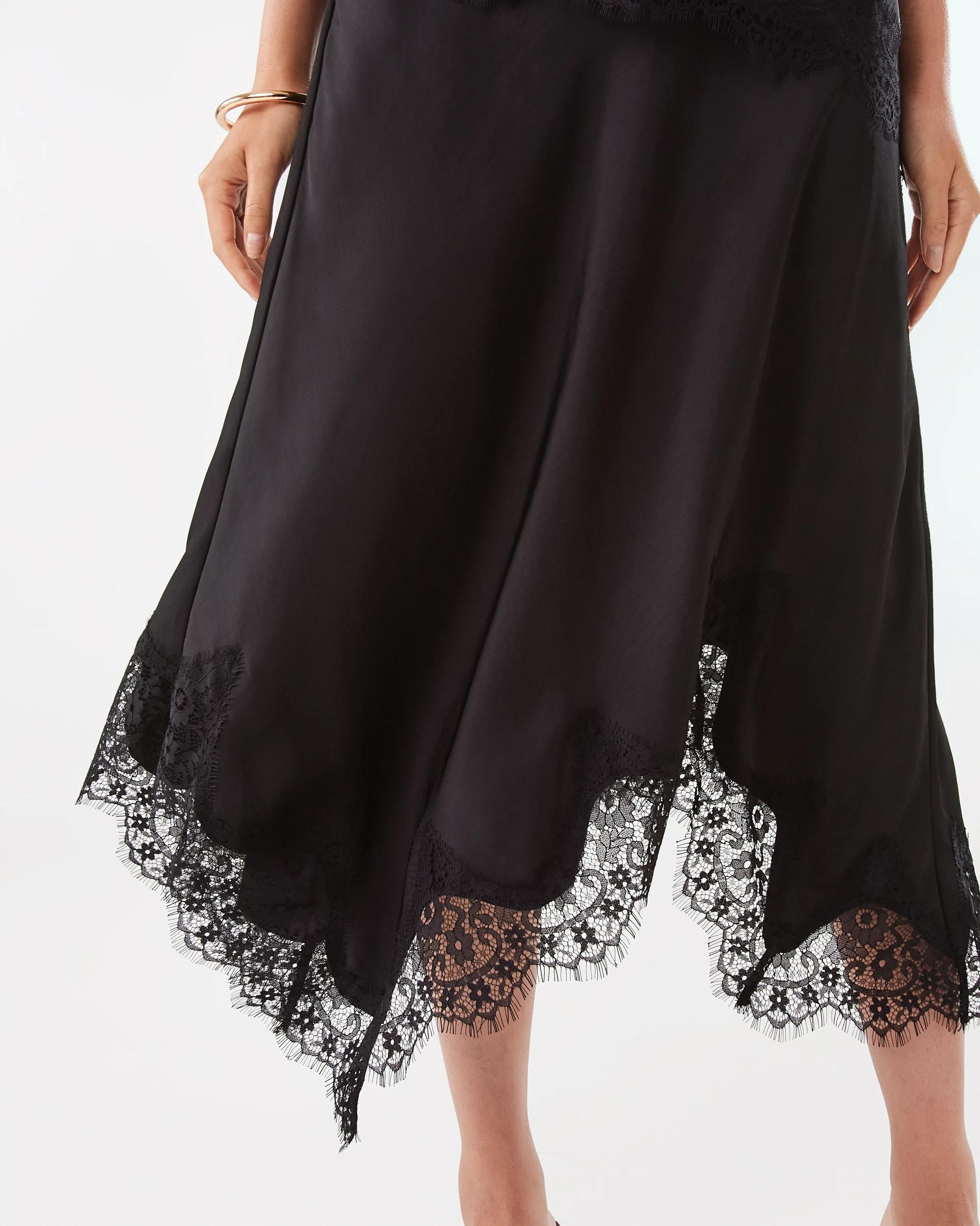 7 Satin Asymmetrical Lace Trim Skirt Black, 7 of 7