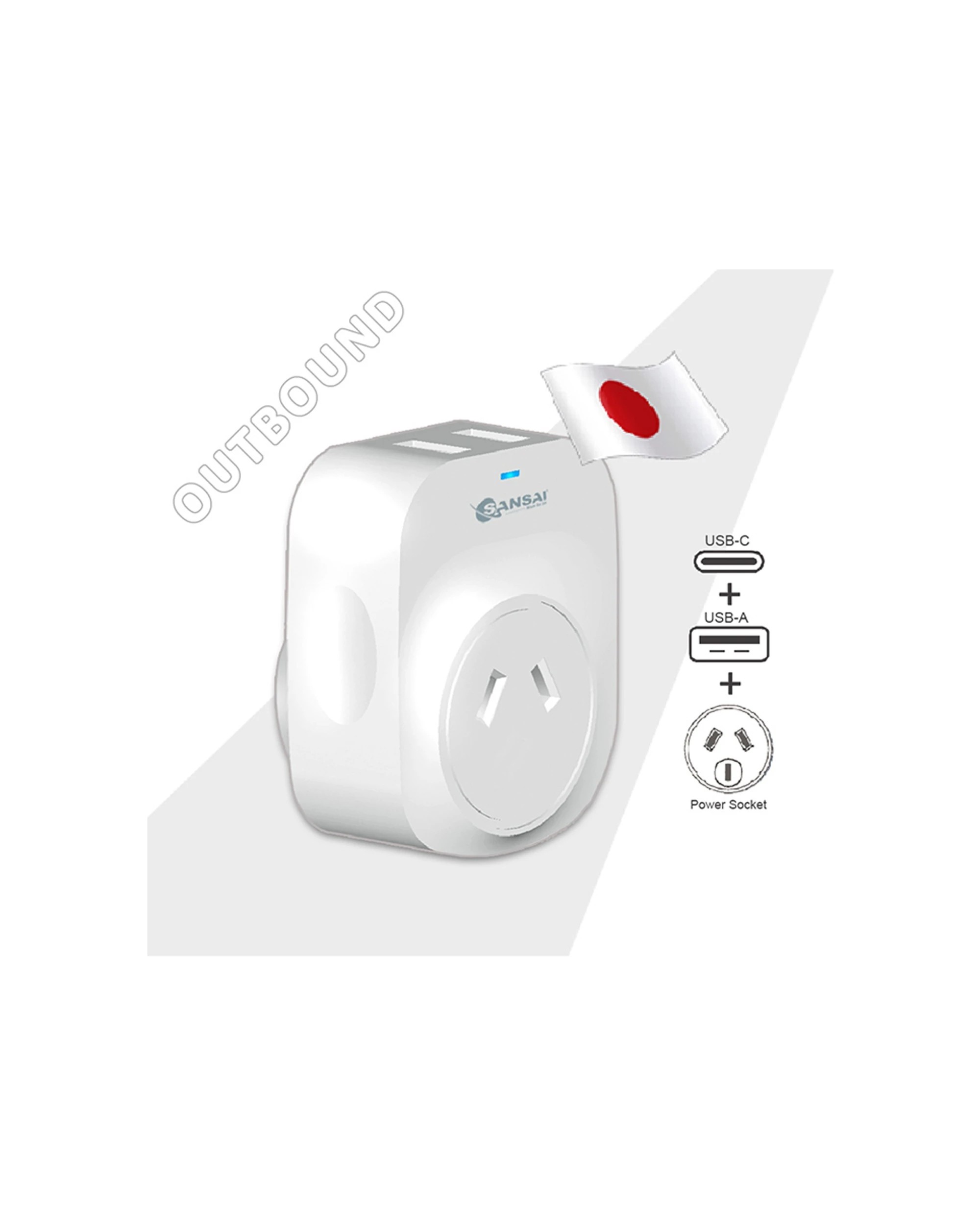2 Sansai Surge Protected Travel Adapter with USB-C And USB-A Port AU Japan - White, 2 of 3