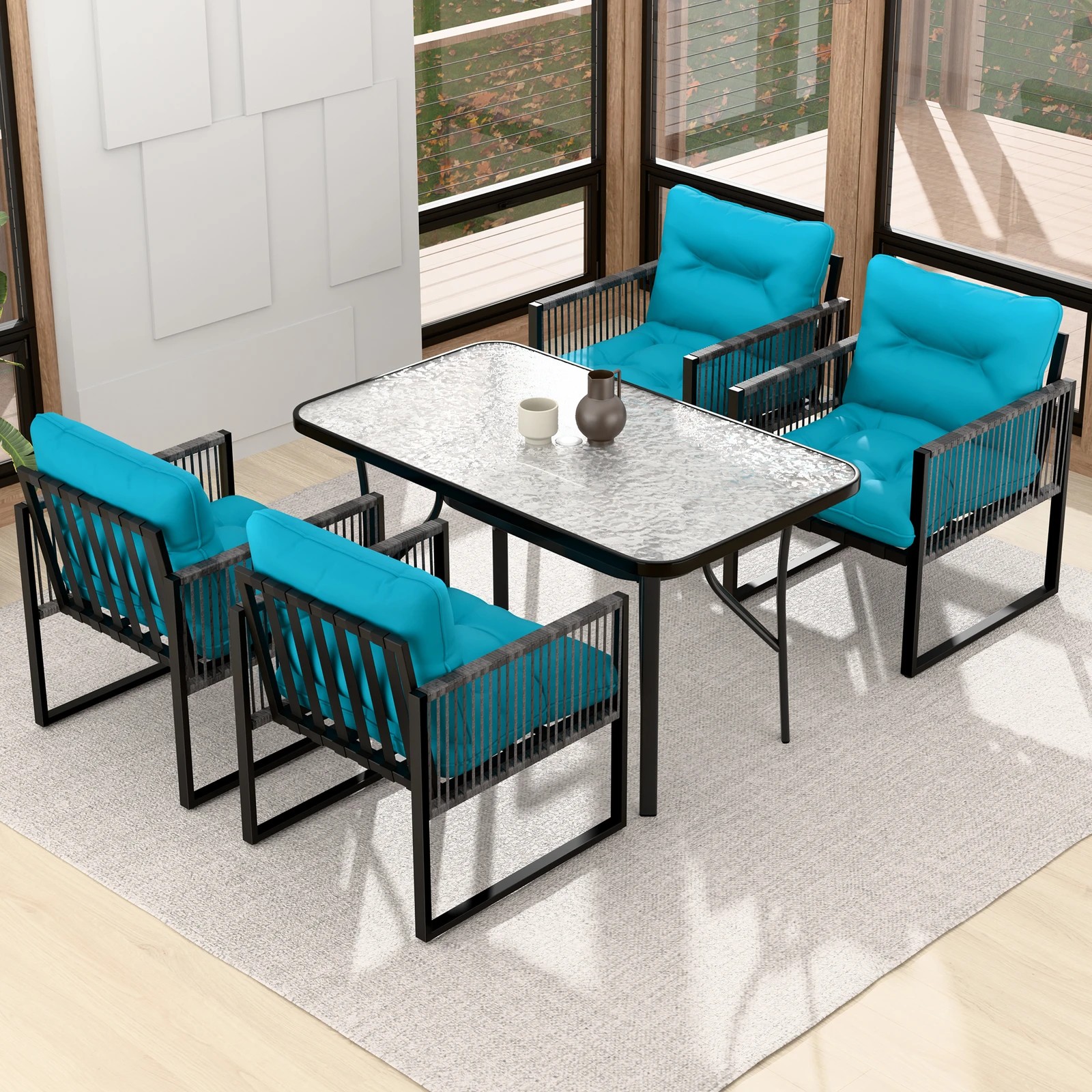 4 Alfordson 5PCS Outdoor Dining Set Table and Lounge Chairs Patio Furniture Wicker - Blue, 4 of 10