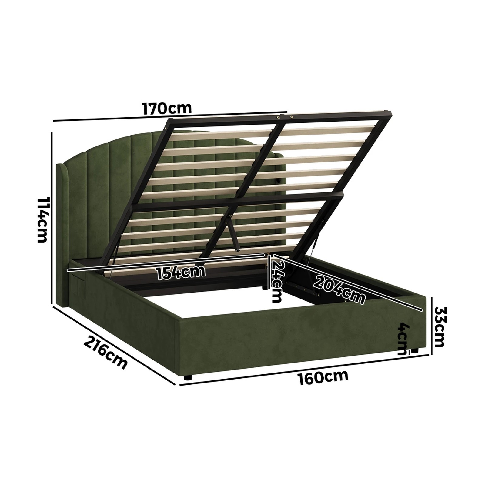 2 Oikiture Bed Frame Queen Size With Gas Lift Storage USB Charging Velvet - Green, 2 of 9