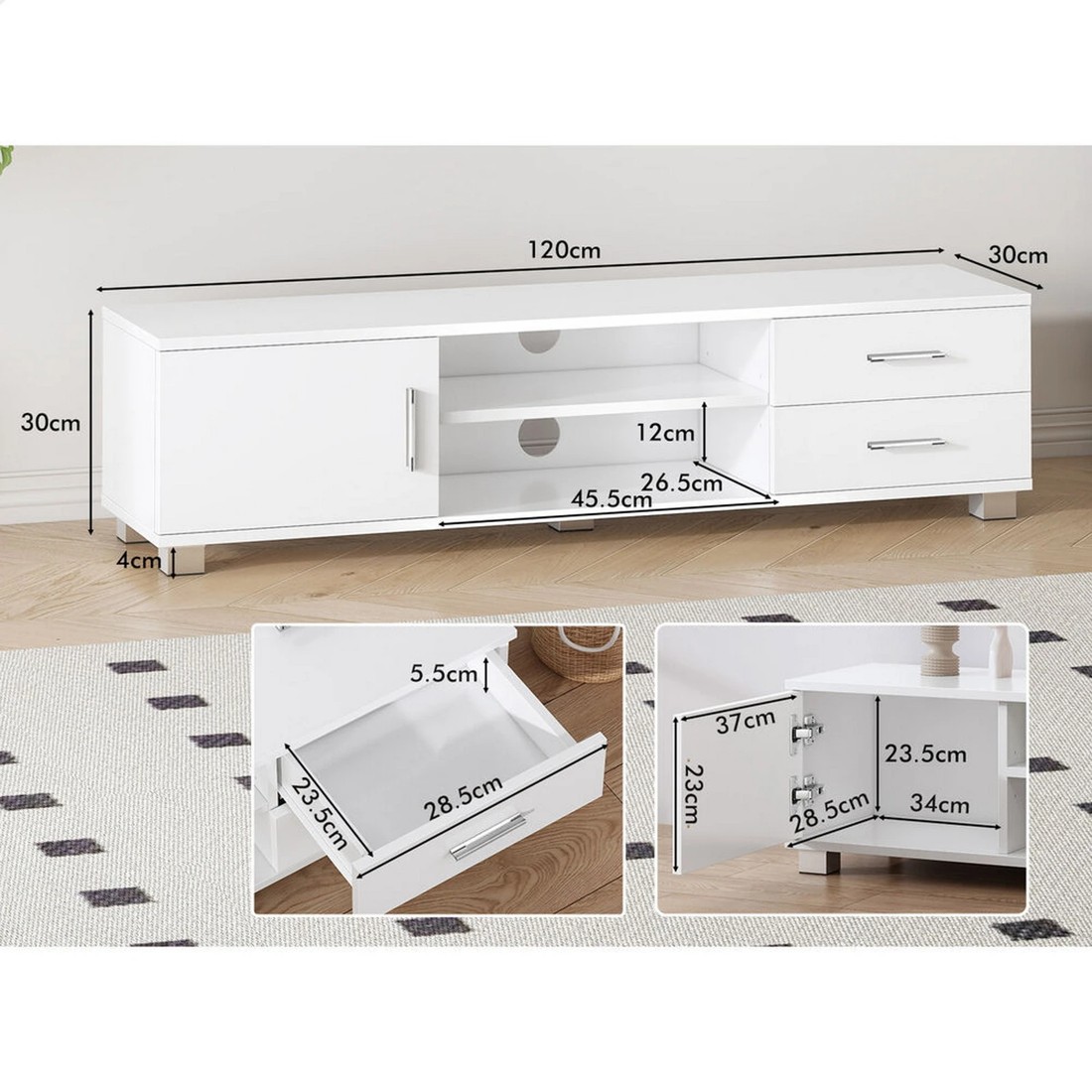 6 Alfordson Entertainment Unit TV Cabinet Stand 120cm Storage Drawer - White, 6 of 10