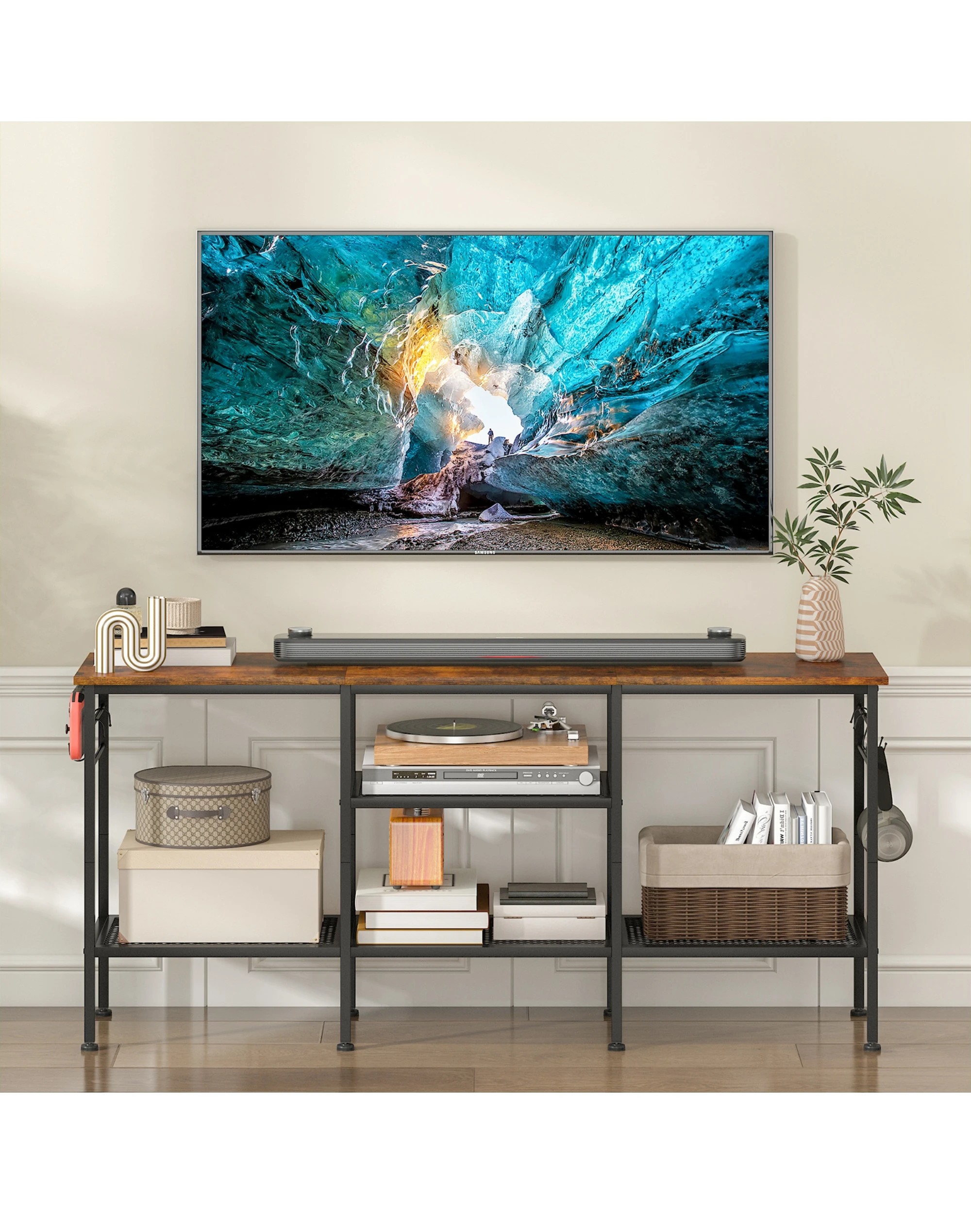 4 Advwin TV Cabinet 120cm Entertainment Unit Stand w/ Shelf & Hooks Media Console Table, 4 of 8