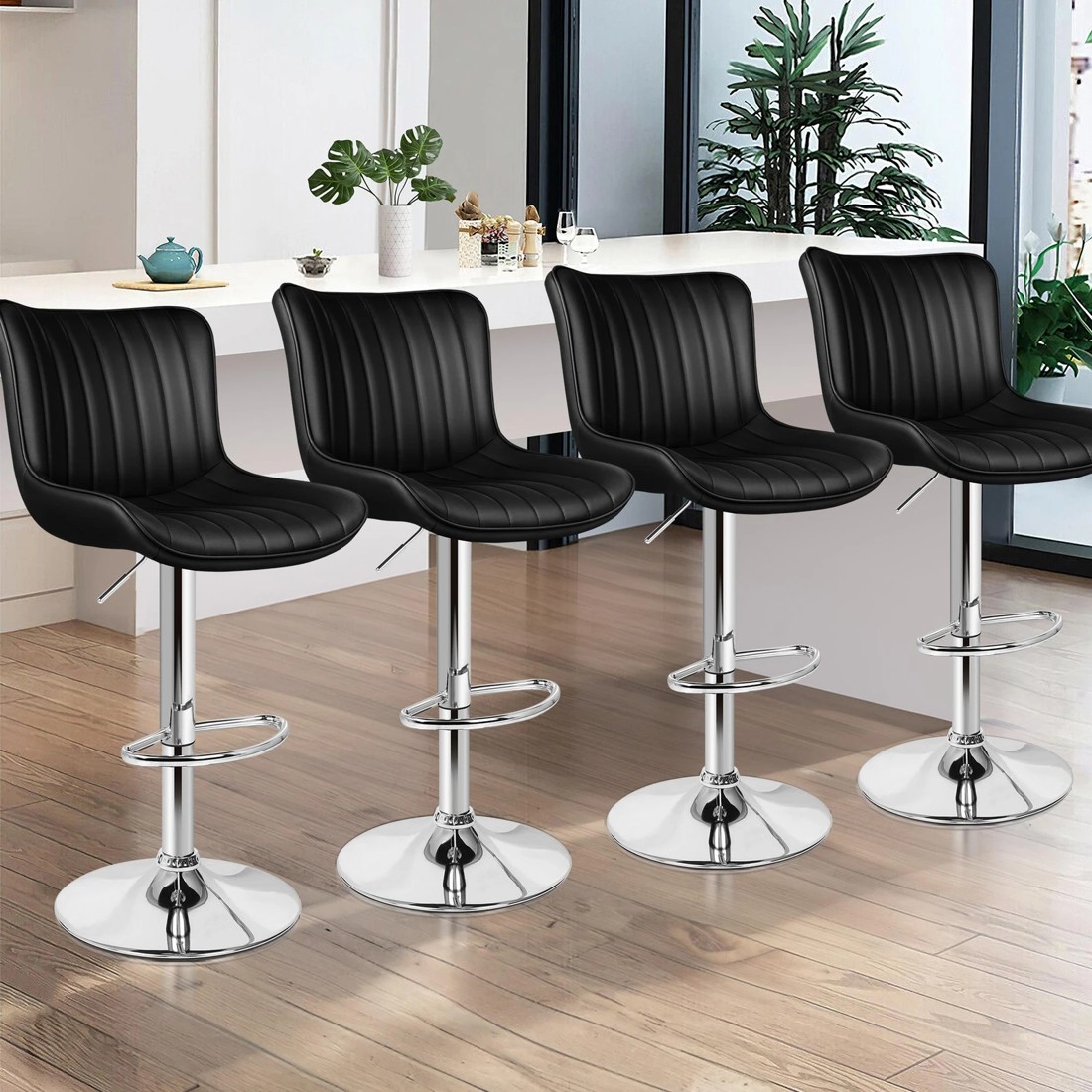 2 Alfordson 4x Bar Stools Gas Lift Leather Bar Chairs Kitchen Swivel Brad - Black, 2 of 9