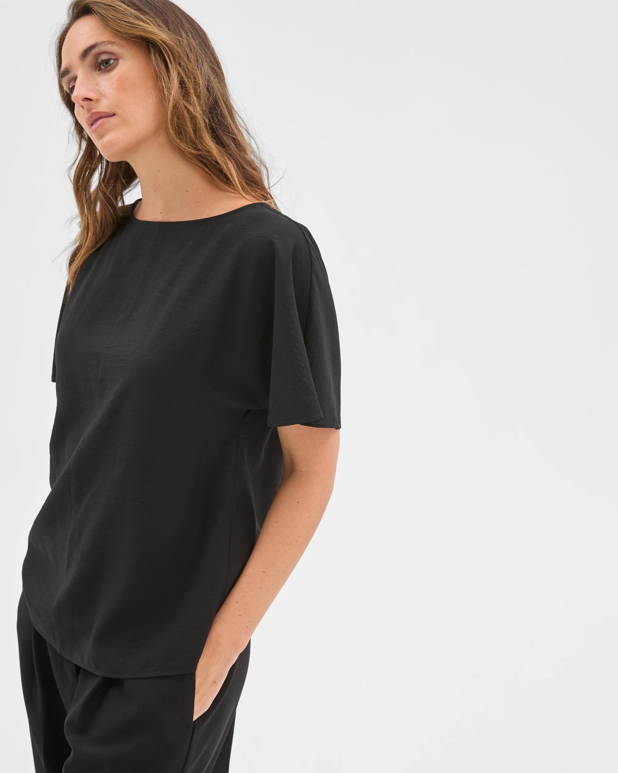 3 Preview Short Flutter Sleeve Textured Blouse BLACK, 3 of 6