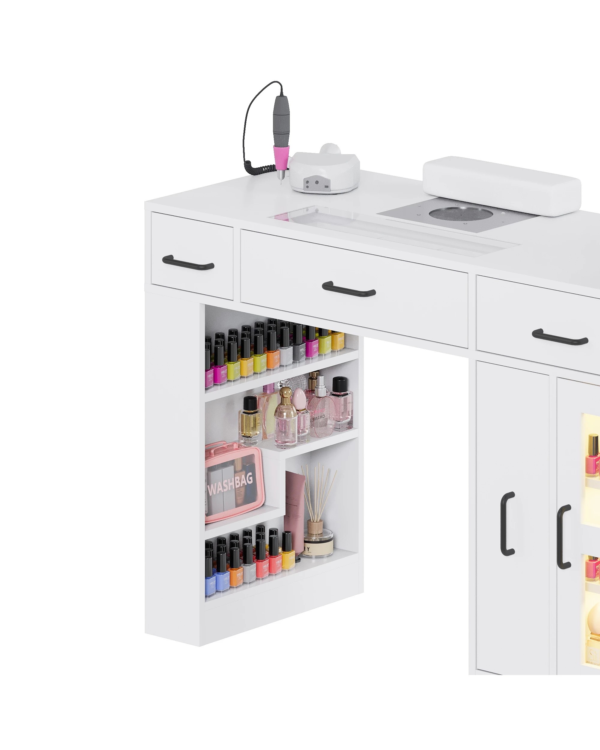 6 Advwin Vanity Nail Desk Manicure Table w/Glass Top Drawer Dust Collector Wireless Charging LED Light - White, 6 of 10