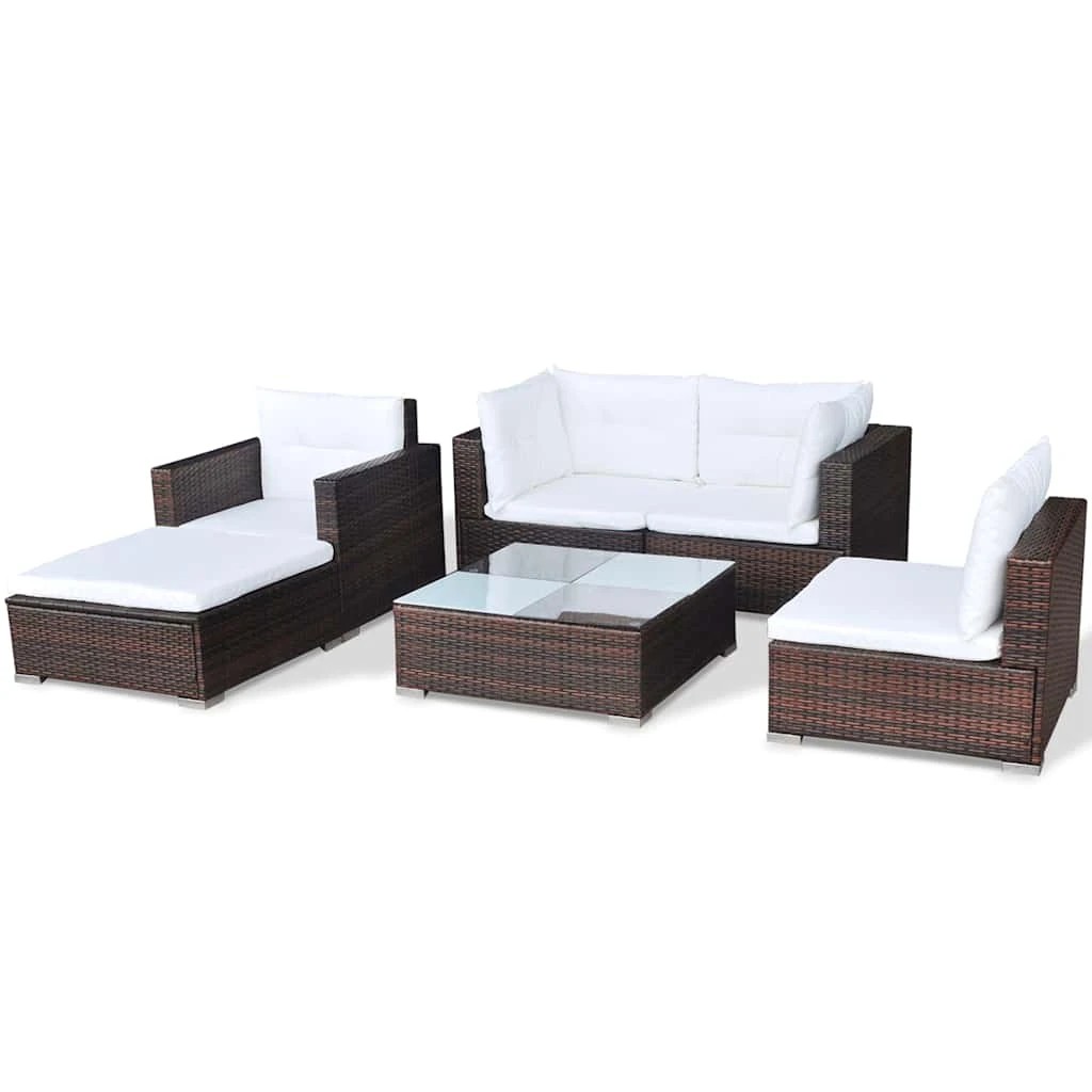 6 Vidaxl 6 Piece Garden Lounge Set With Cushions Poly Rattan - Brown, 6 of 10