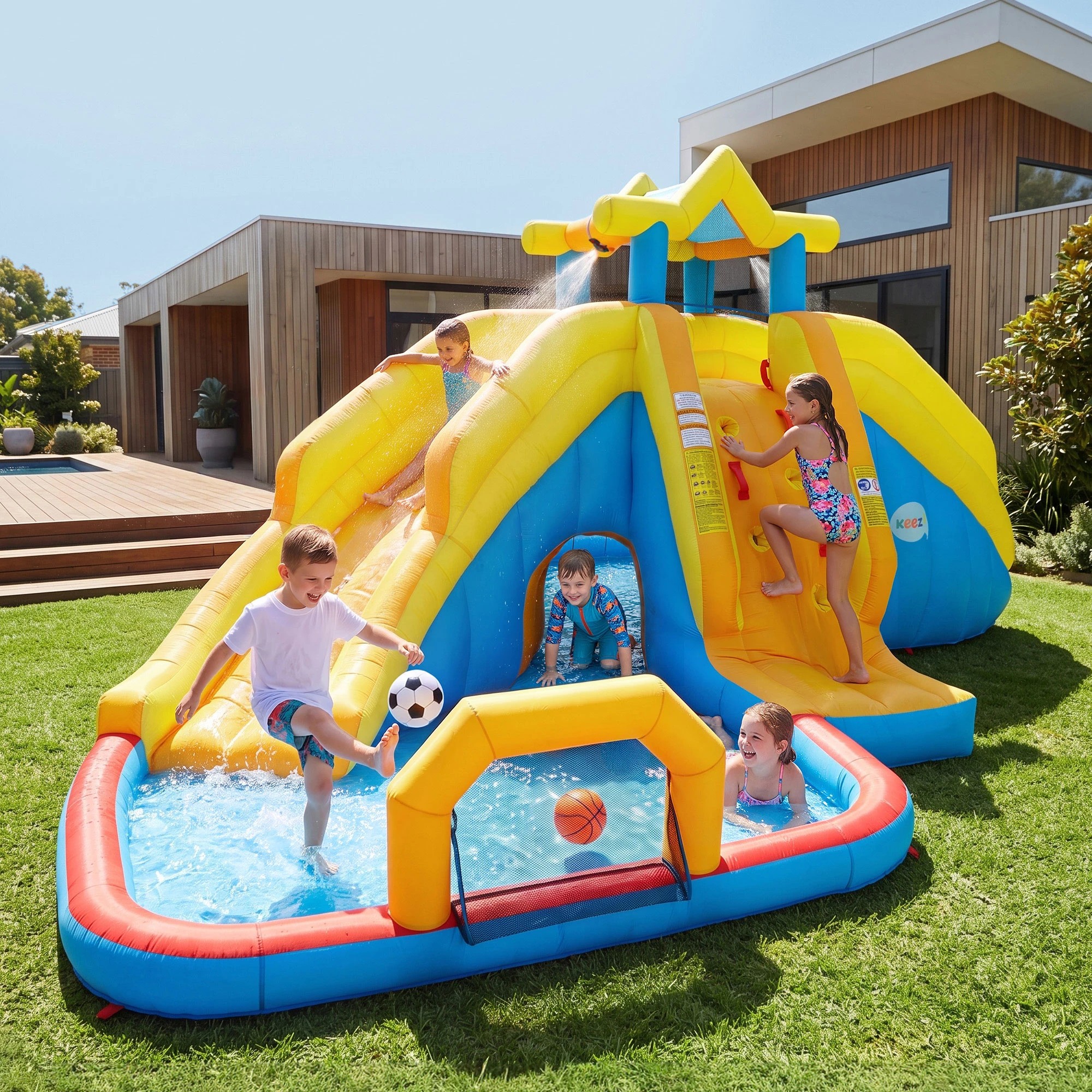10 Keezi Inflatable Kids Pool Water Slide Splash Castle Dual Slides Football Water Cannon Basketball 622cmx542cm - Multi, 10 of 10