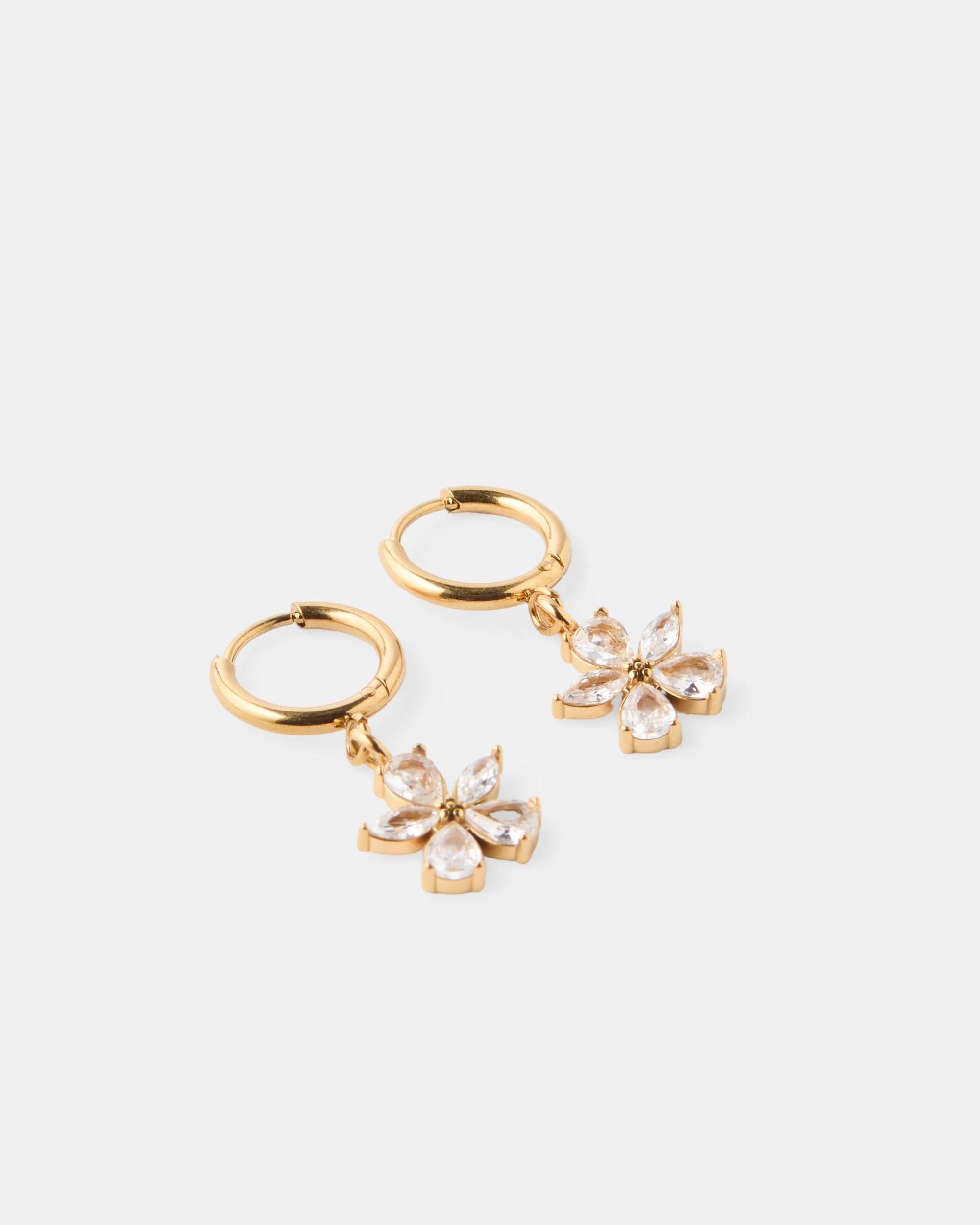 2 Waterproof Stainless Steel Flower Hoop Earrings - Gold Tone Gold, 2 of 4