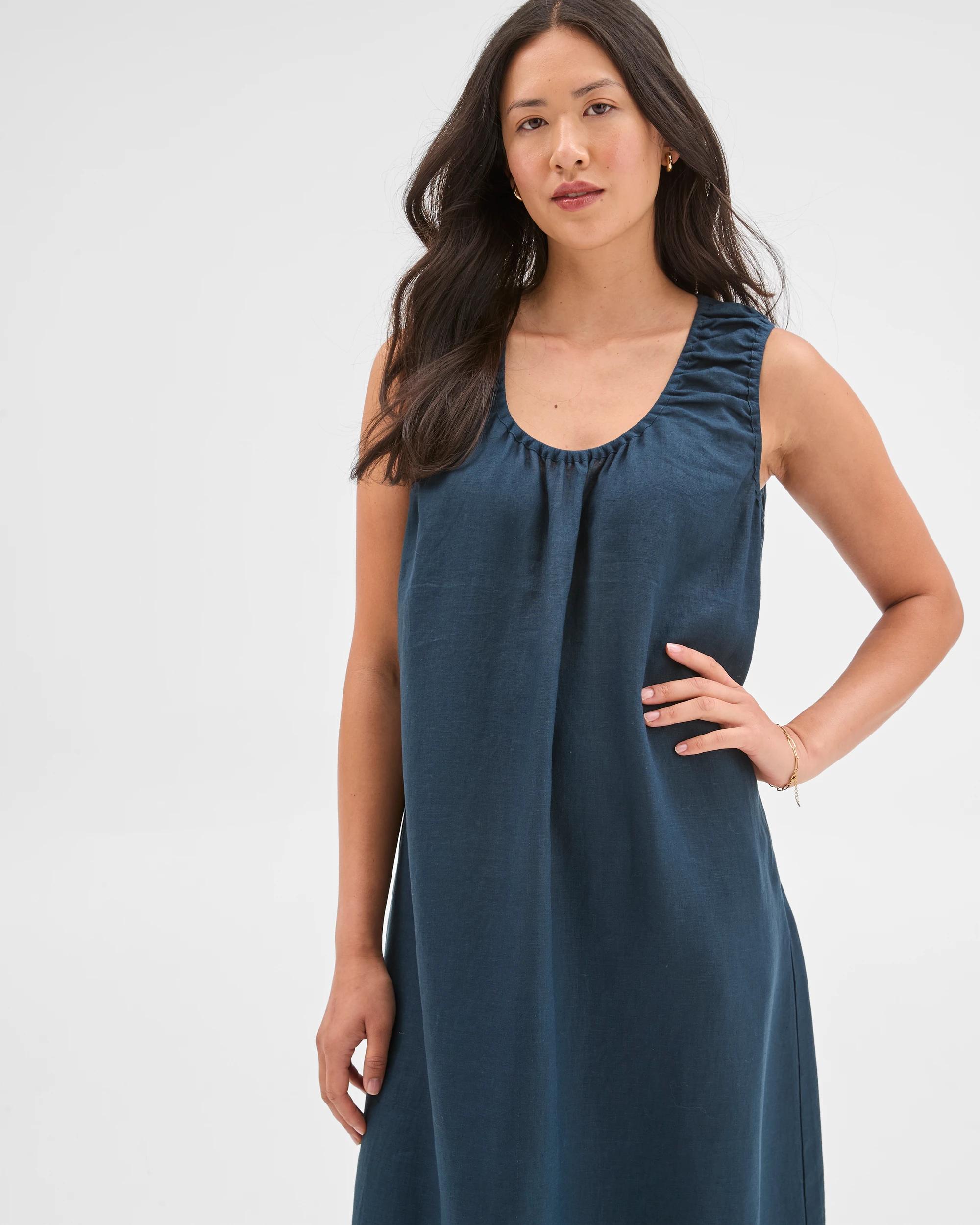 3 Target Woman European Linen Sleeveless Scoop Neck Midi Dress DEEP OCEAN, 3 of 6