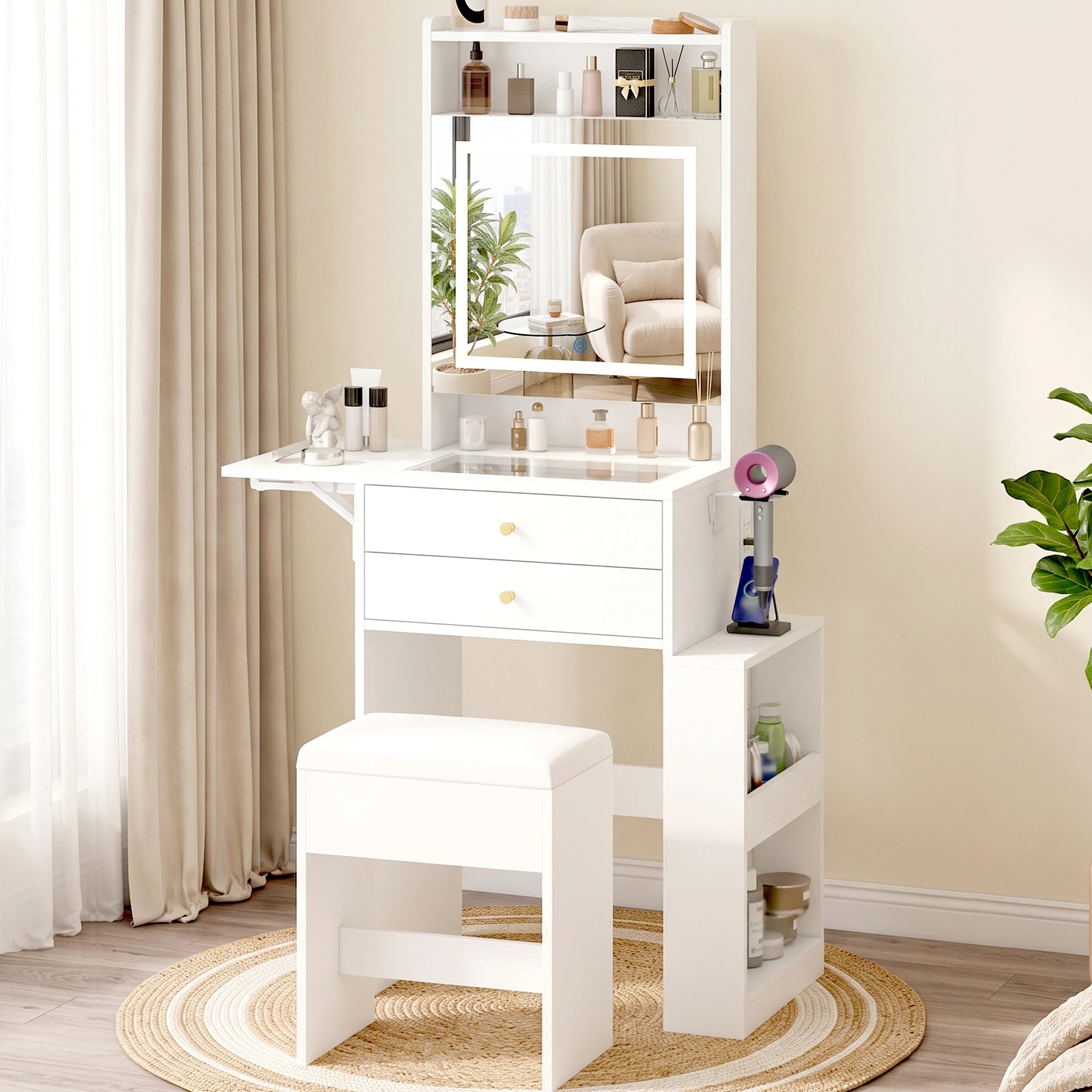 2 Advwin Dressing Table Stool w/ Glass Desktop Side Storage & Charging Station - White, 2 of 10