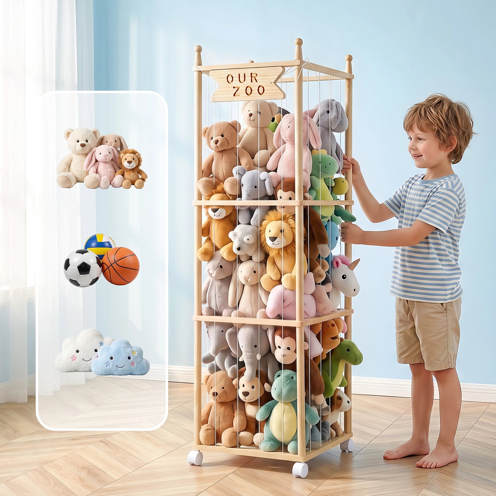5 Keezi Stuffed Animal Toy Storage & Organizers Wooden Zoo Cage with Wheels Elastic Cords - Natural, 5 of 10