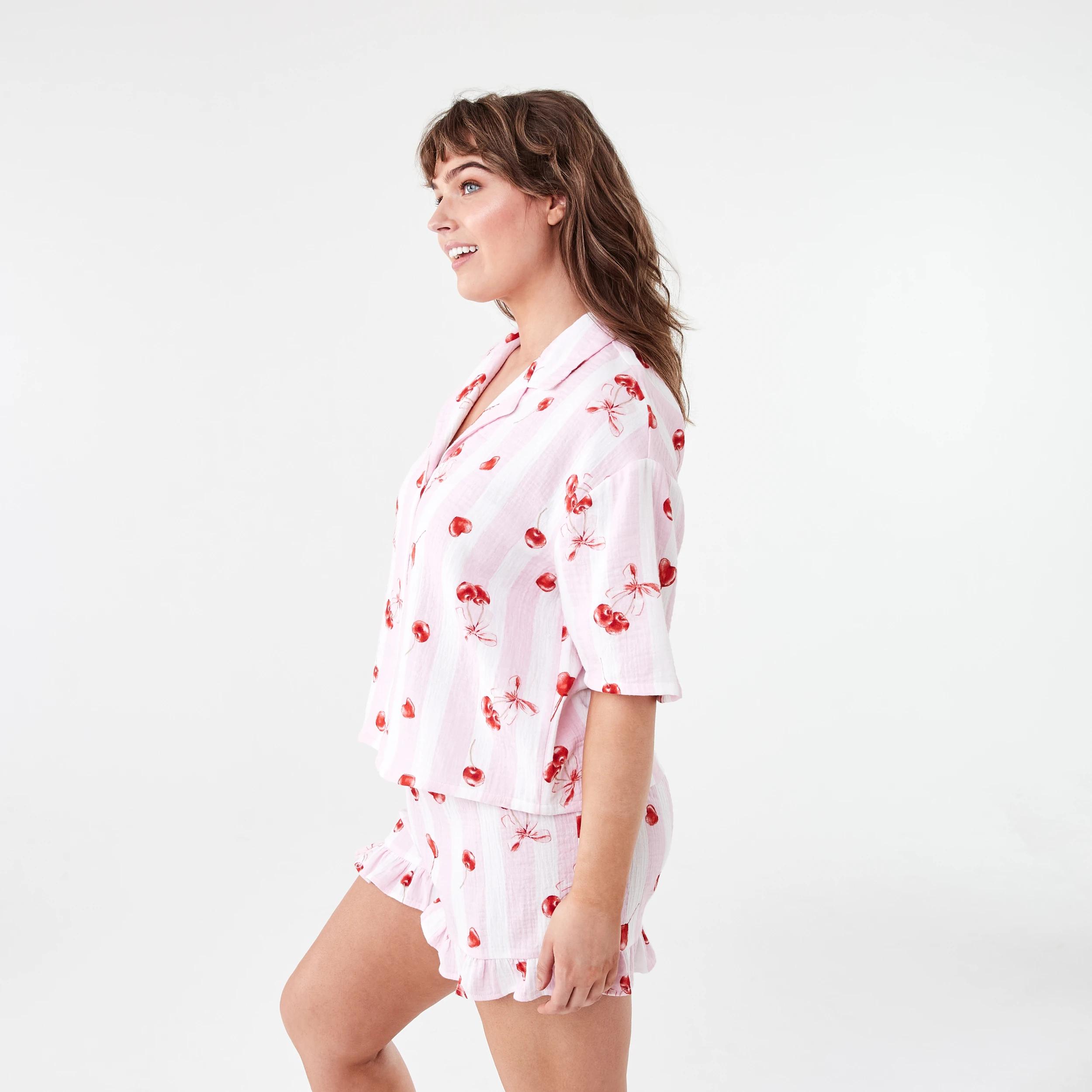 2 Short Sleeve Top and Shorts Double Cloth Frill Boxy Pyjama Set Cherry Str, 2 of 7