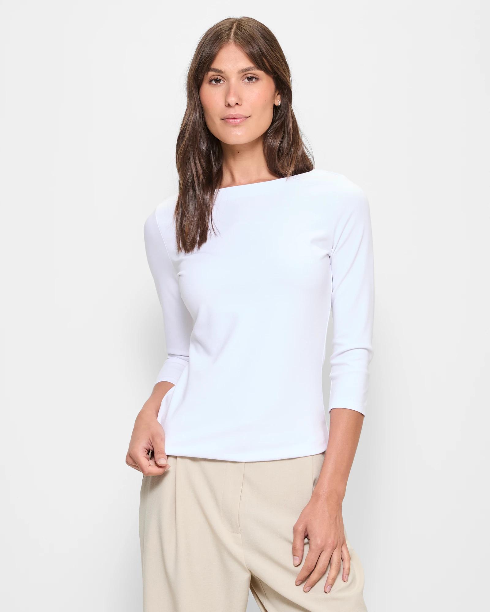 1 3/4 Sleeve Boat Neck Ponte Top - Preview WHITE, 1 of 5