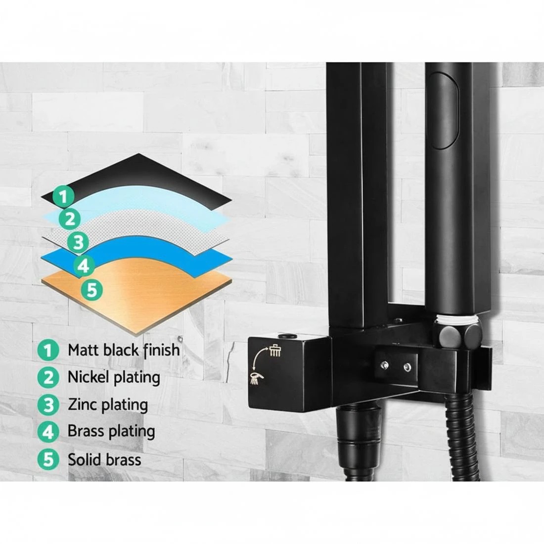 3 Cefito 8'' Rain Shower Head Set Handheld Square High Pressure - Black, 3 of 5