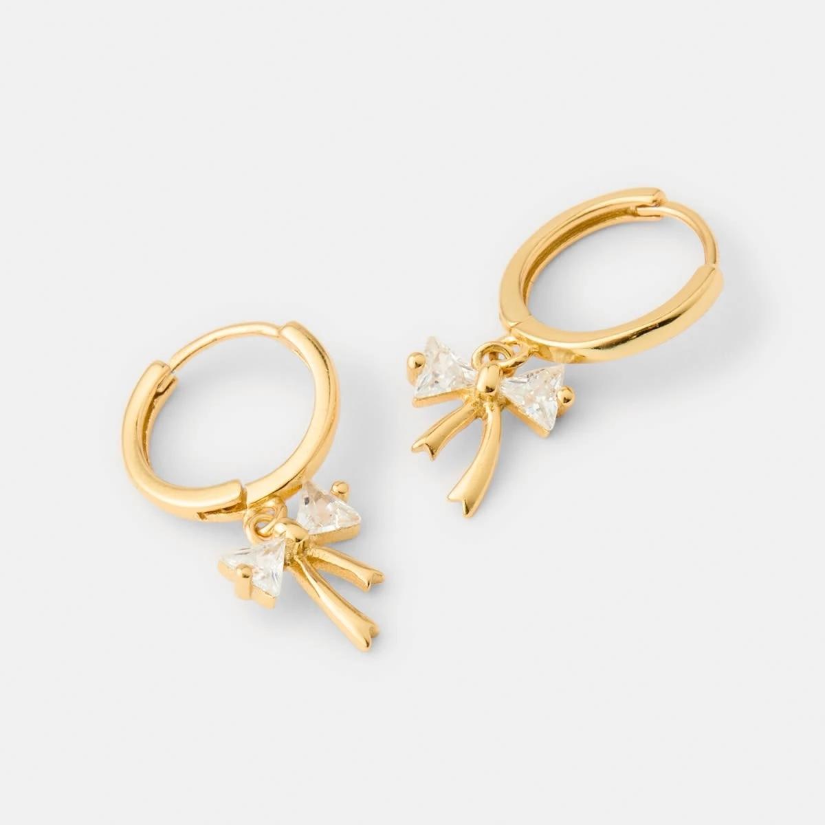 3 Cubic Zirconia Gold Plated Sterling Silver 925 Bow Hoop Earrings Gold, 3 of 5