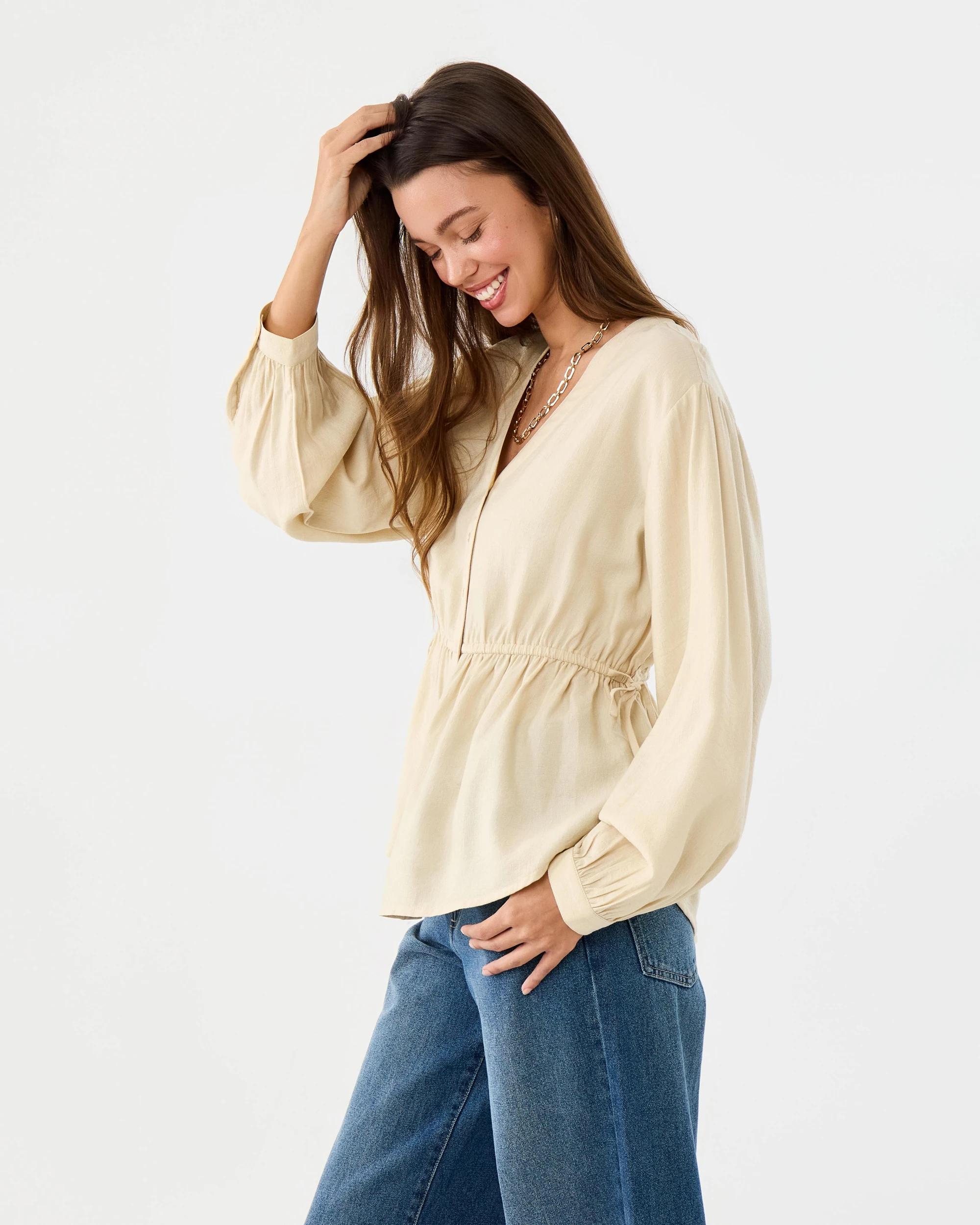 4 Long Sleeve Ruched Tie Top Vanilla, 4 of 7