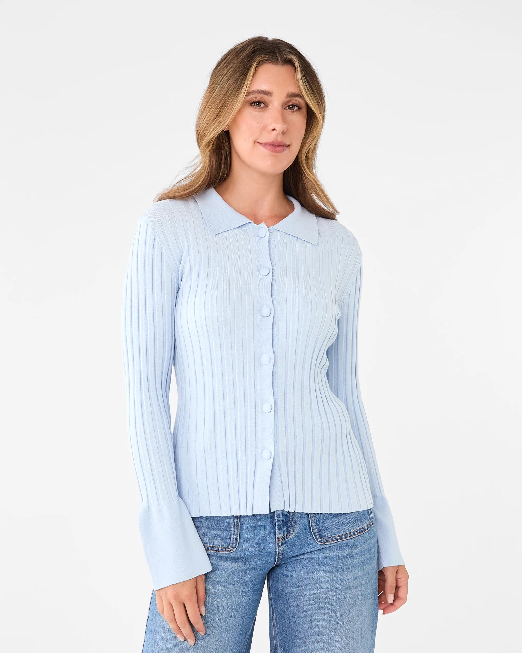 1 Long Sleeve Button Through Polo Shirt Powd Blue, 1 of 7