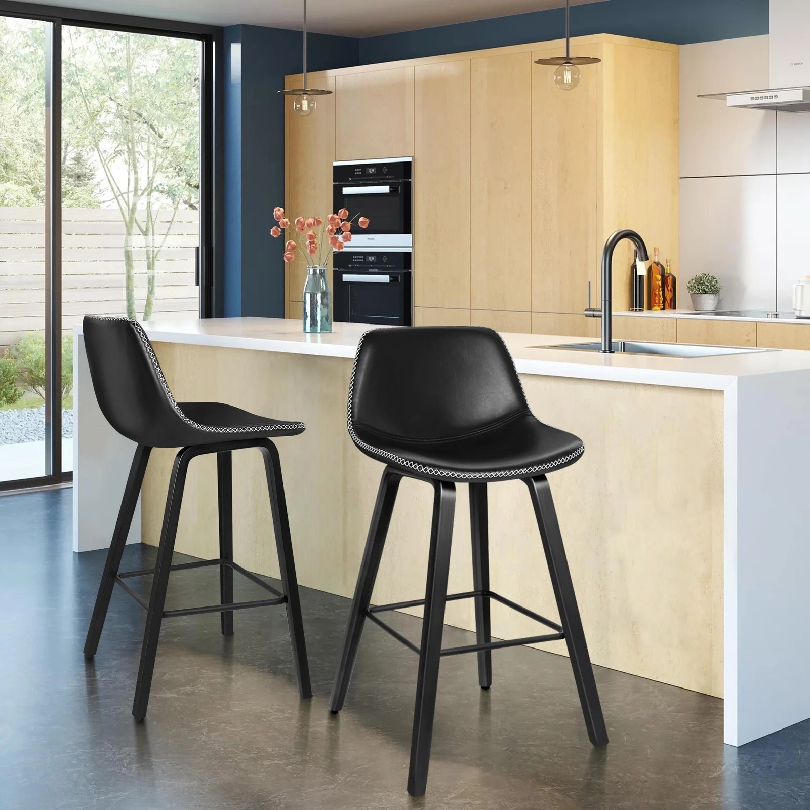 2 Alfordson 4x Wooden Bar Stools Noah Kitchen Dining Chair Vintage Retro - Black, 2 of 10