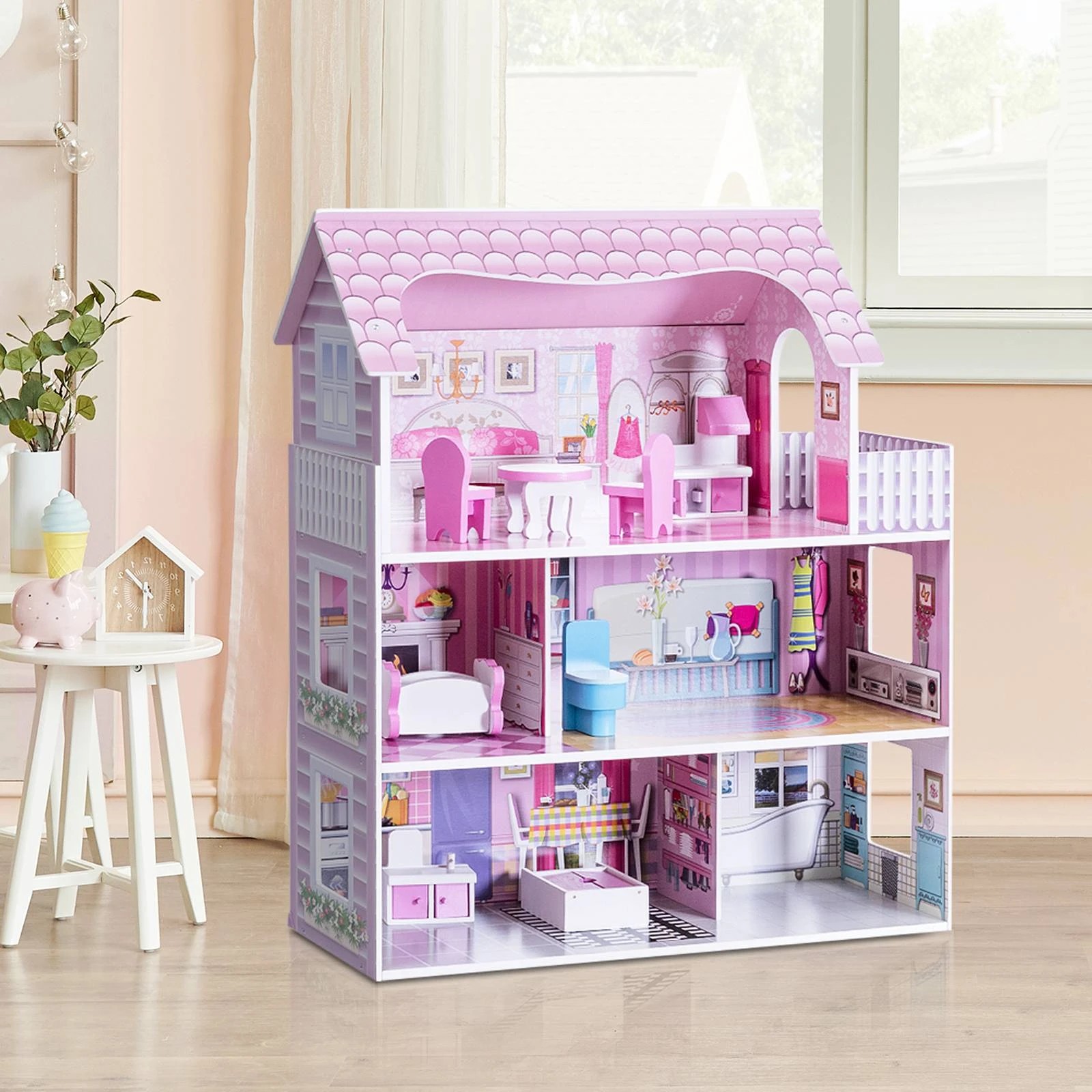 2 Costway 3-Tier Doll House Kit Wood Dreamhouse Playset, 2 of 5