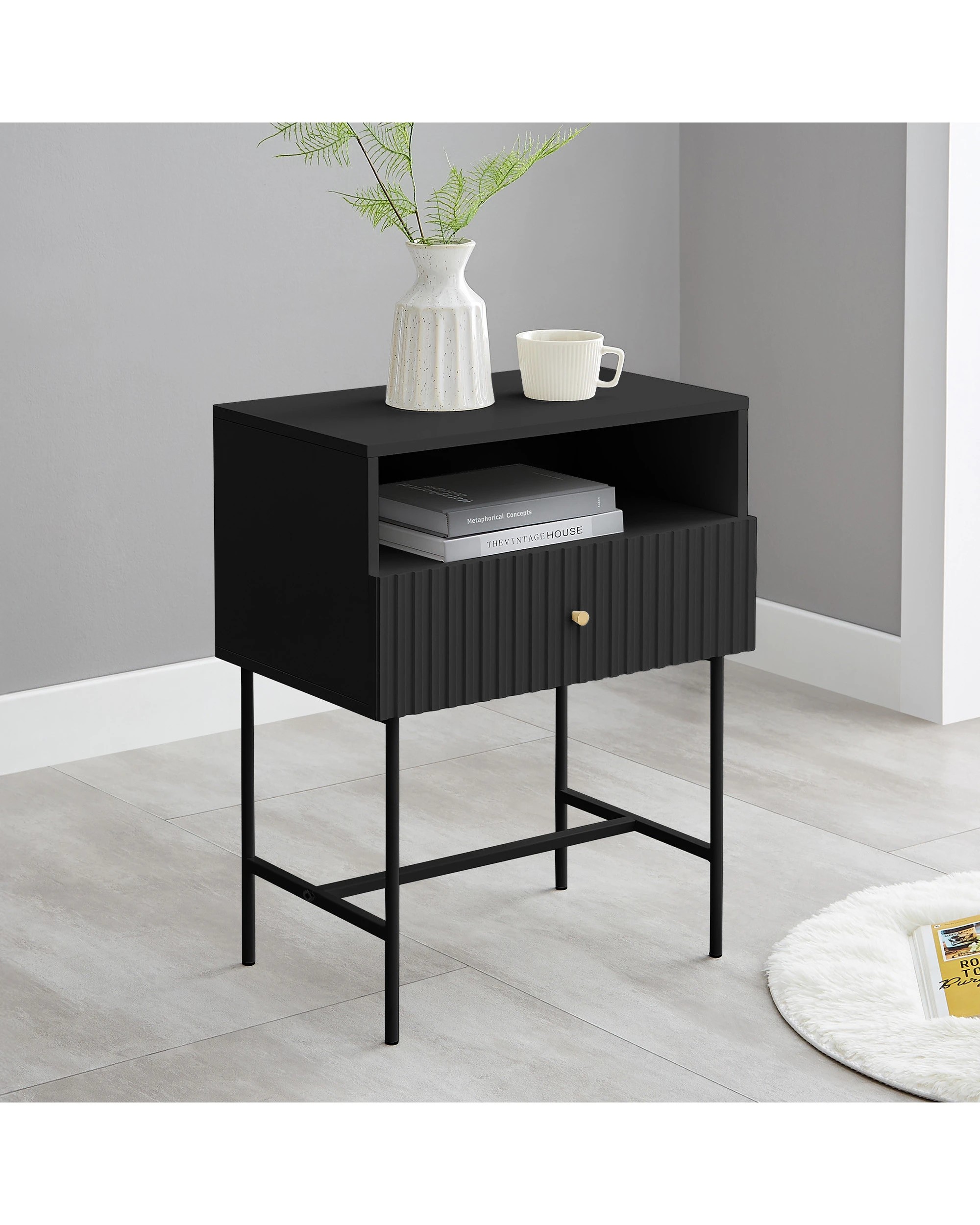 9 Sarantino Cecil Slender Fluted Bedside Table In Black, 9 of 10