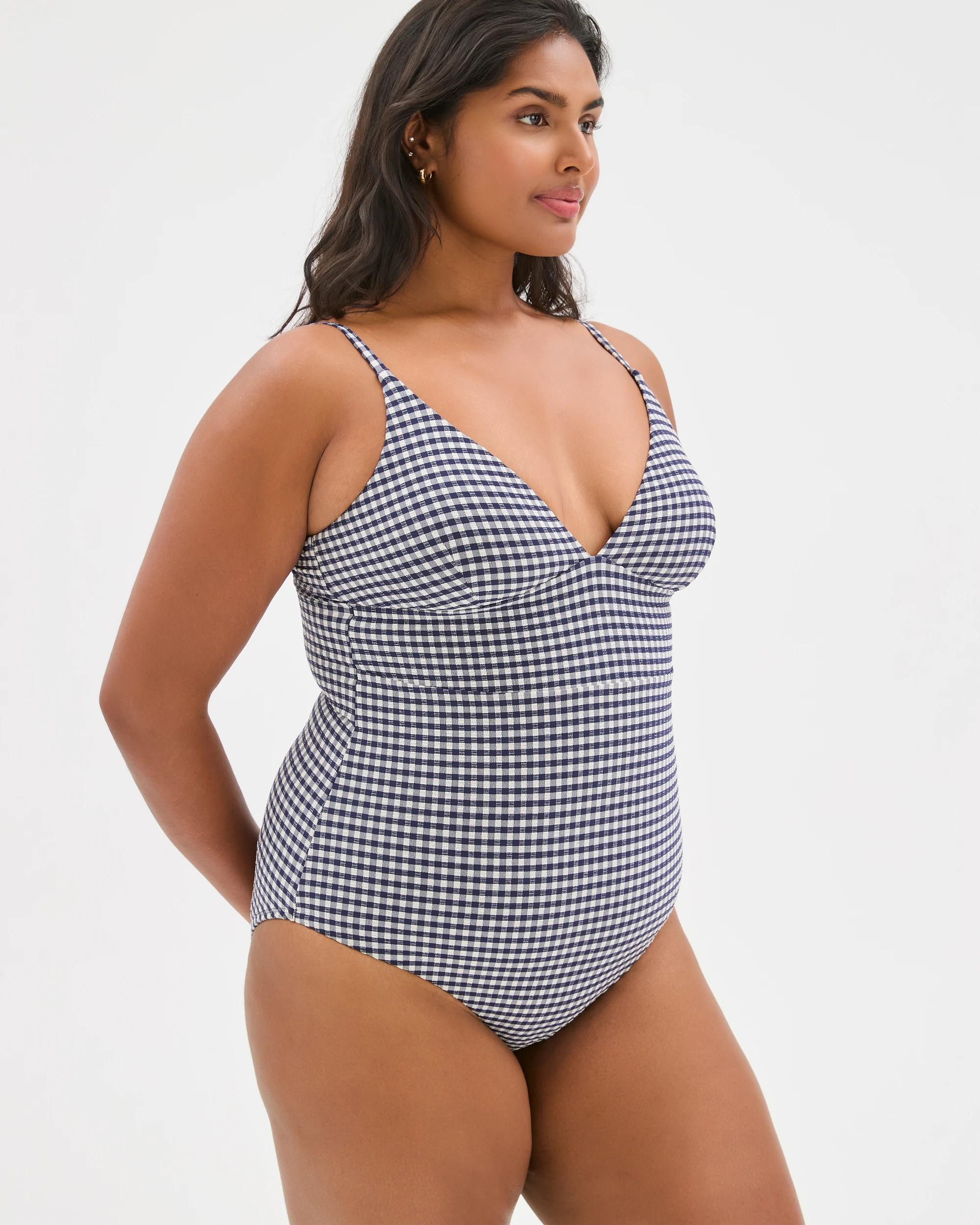 9 Target Woman Shape Your Body V-Front Seersucker One Piece Swimsuit NAVY/WHITE GINGHAM, 9 of 9