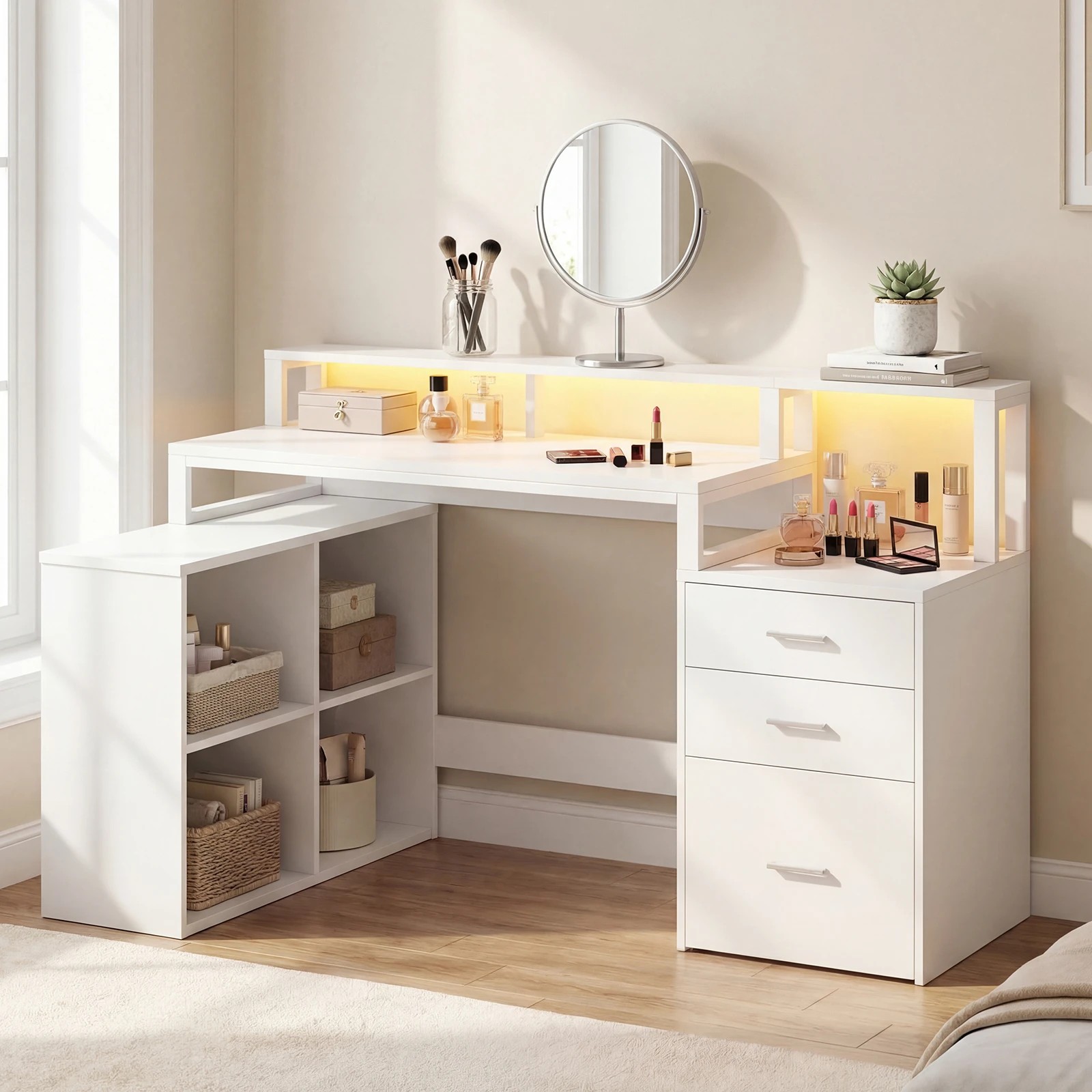 3 Advwin L Shaped Computer Desk with LED Lights & Power Outlets - White, 3 of 10