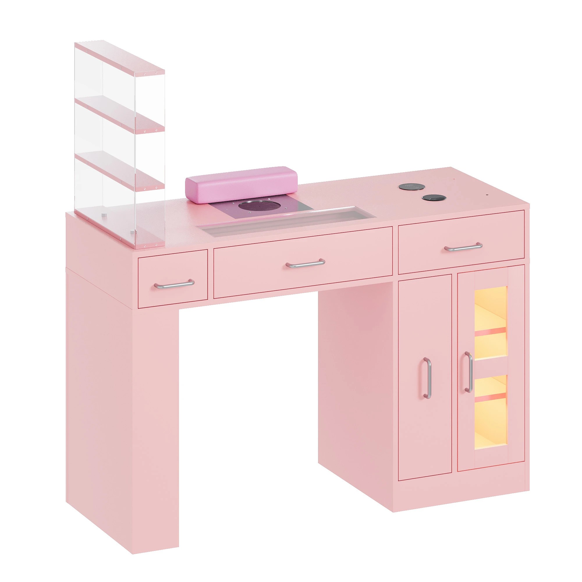 1 Advwin Vanity Nail Desk Manicure Table w/Glass Top Drawer Dust Collector Wireless Charging LED Light - Pink, 1 of 9