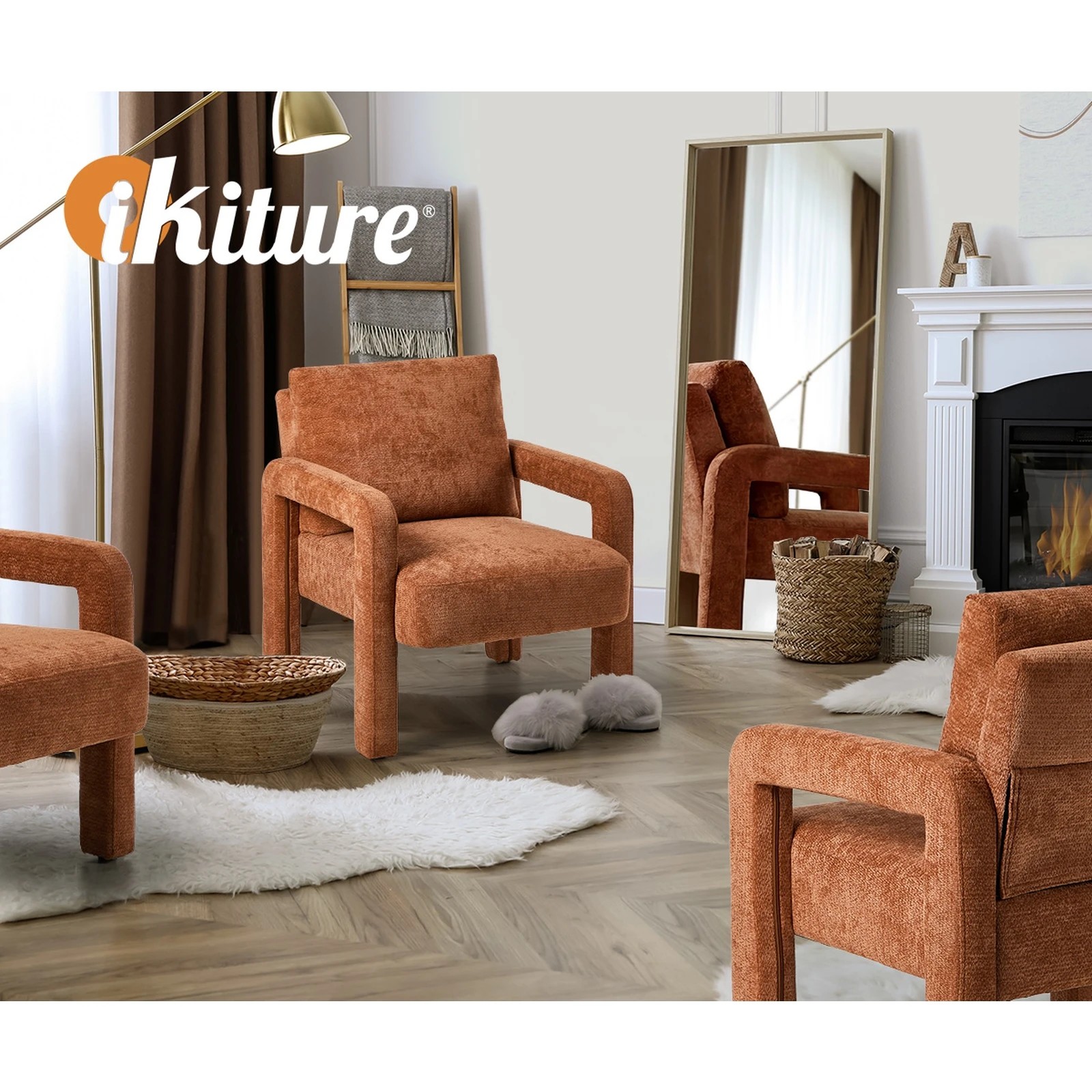 6 Oikiture Armchair Velvet Accent Chairs 1 Seater Lounge Sofa Chair - Orange, 6 of 10