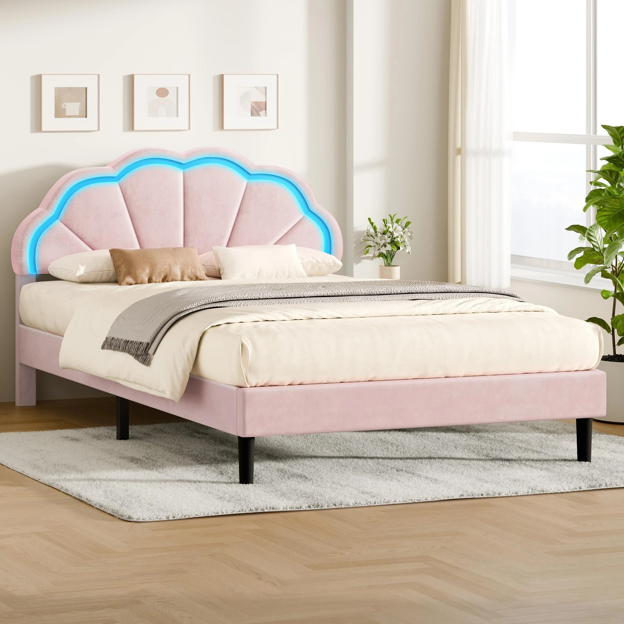2 Alfordson Bed Frame Double LED Adjustable Headboard Velvet - Pink, 2 of 10