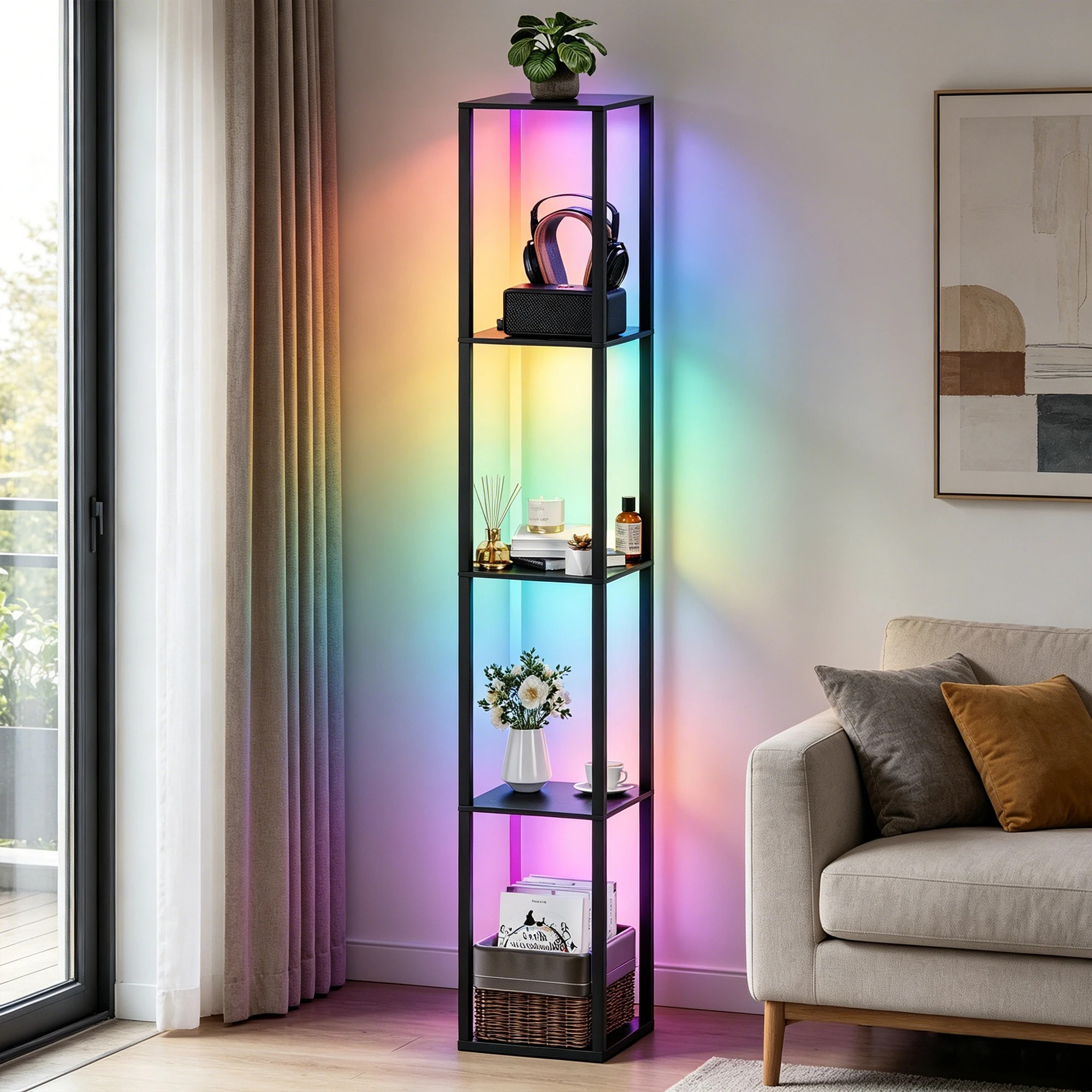 4 Advwin 5 Tier LED Floor Lamp Corner Shelf Display Bookcase Storage Unit Stand Bookshelf - Black, 4 of 6