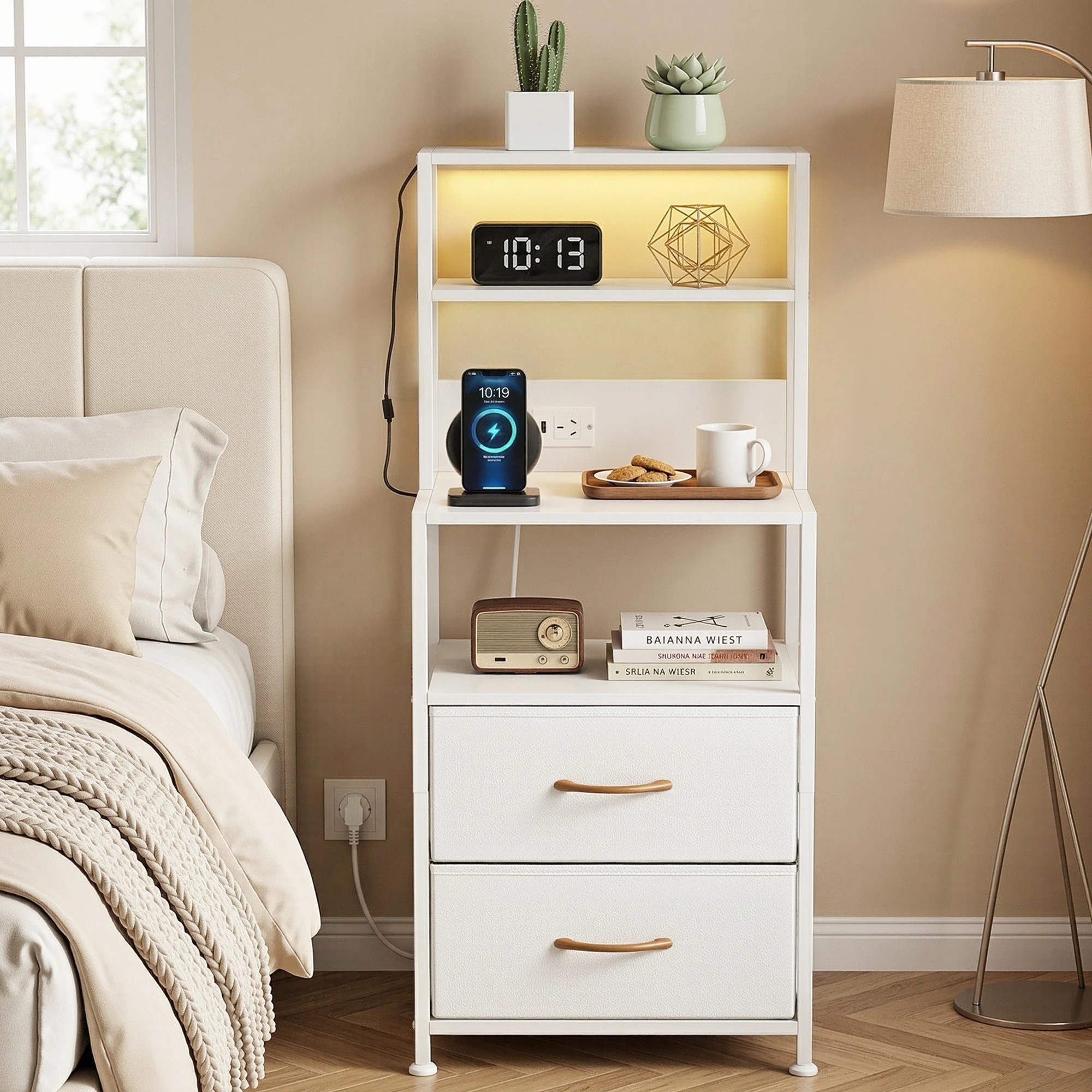 5 Artiss Bedside Table Tall Nightstand with Charging Station Drawers LED - White, 5 of 9