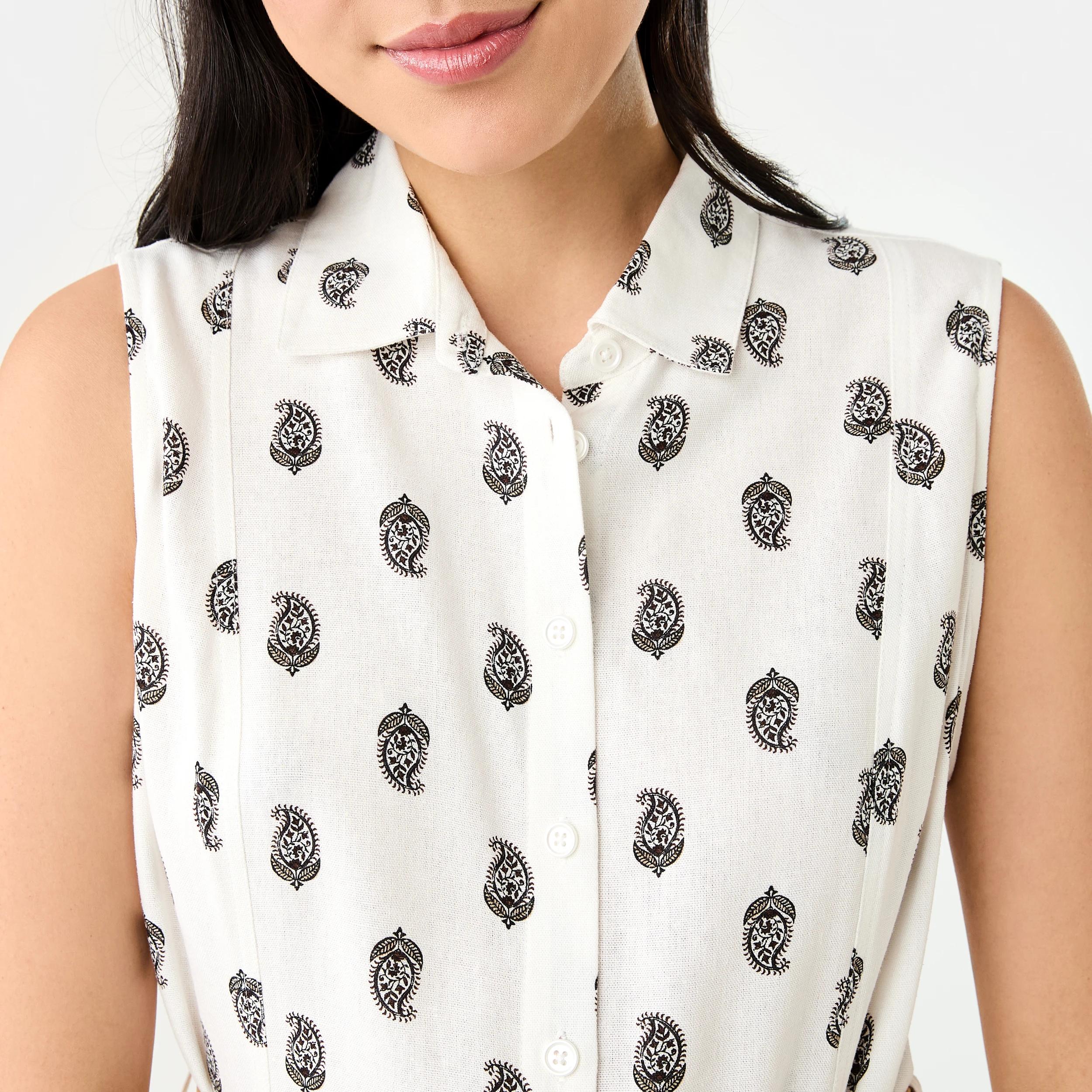 6 Sleeveless Collared Linen Blend Midi Dress Paisley Cd, 6 of 8