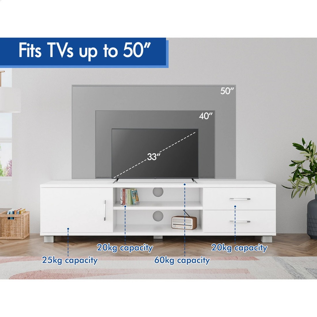 9 Alfordson Entertainment Unit TV Cabinet Stand 120cm Storage Drawer - White, 9 of 10