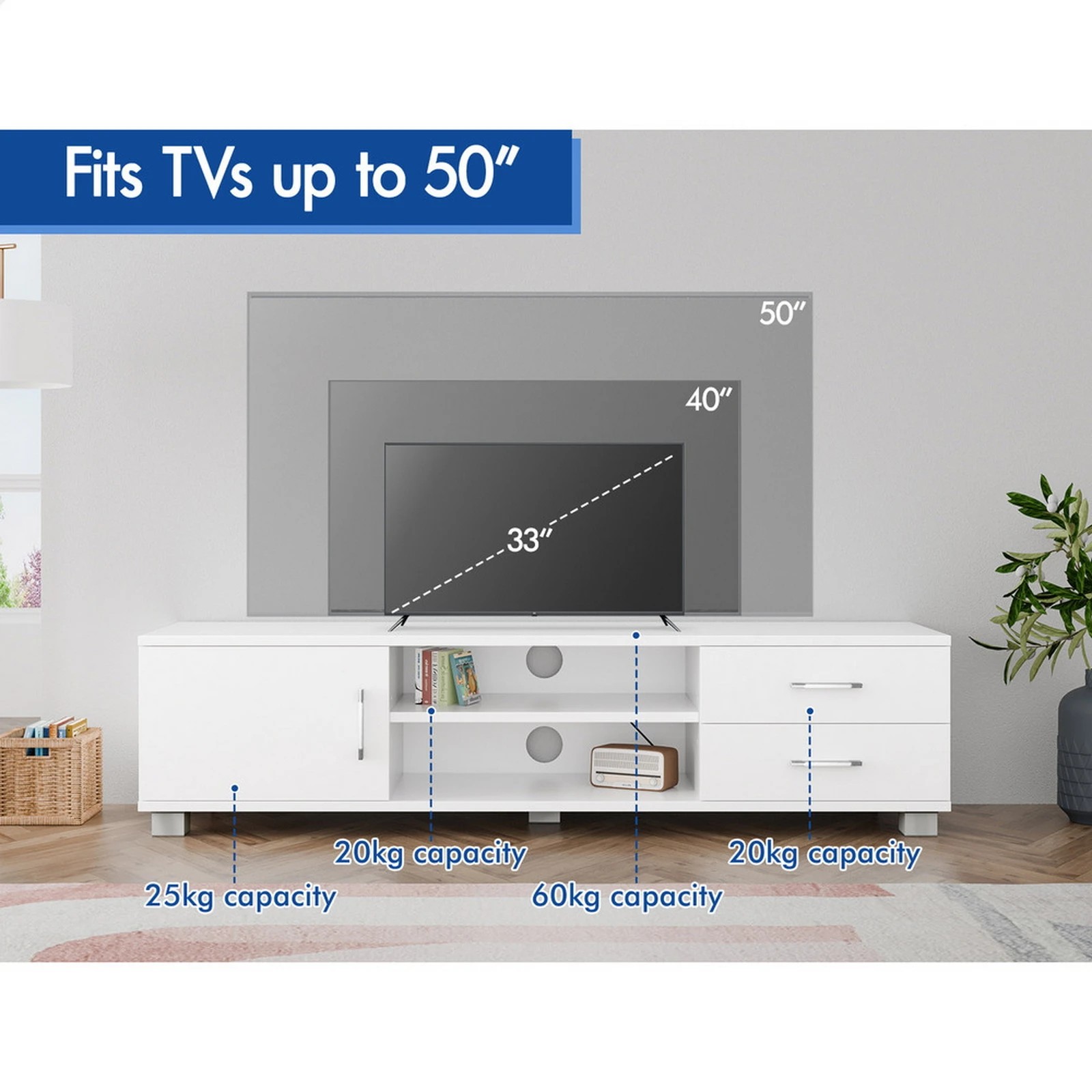8 Alfordson Entertainment Unit TV Cabinet Stand 120cm Storage Drawer - White, 8 of 9