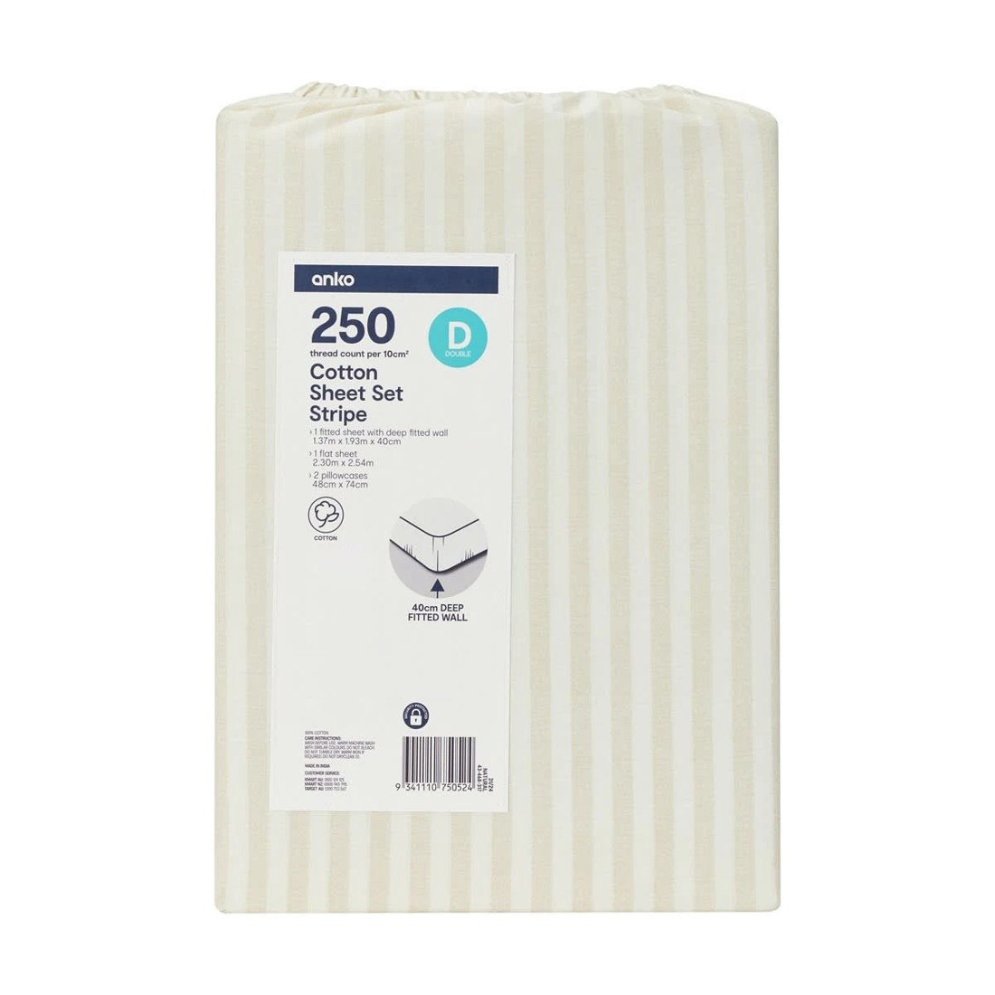 7 250 Thread Count Stripe Cotton Sheet Set - Double Bed, Natural, 7 of 7