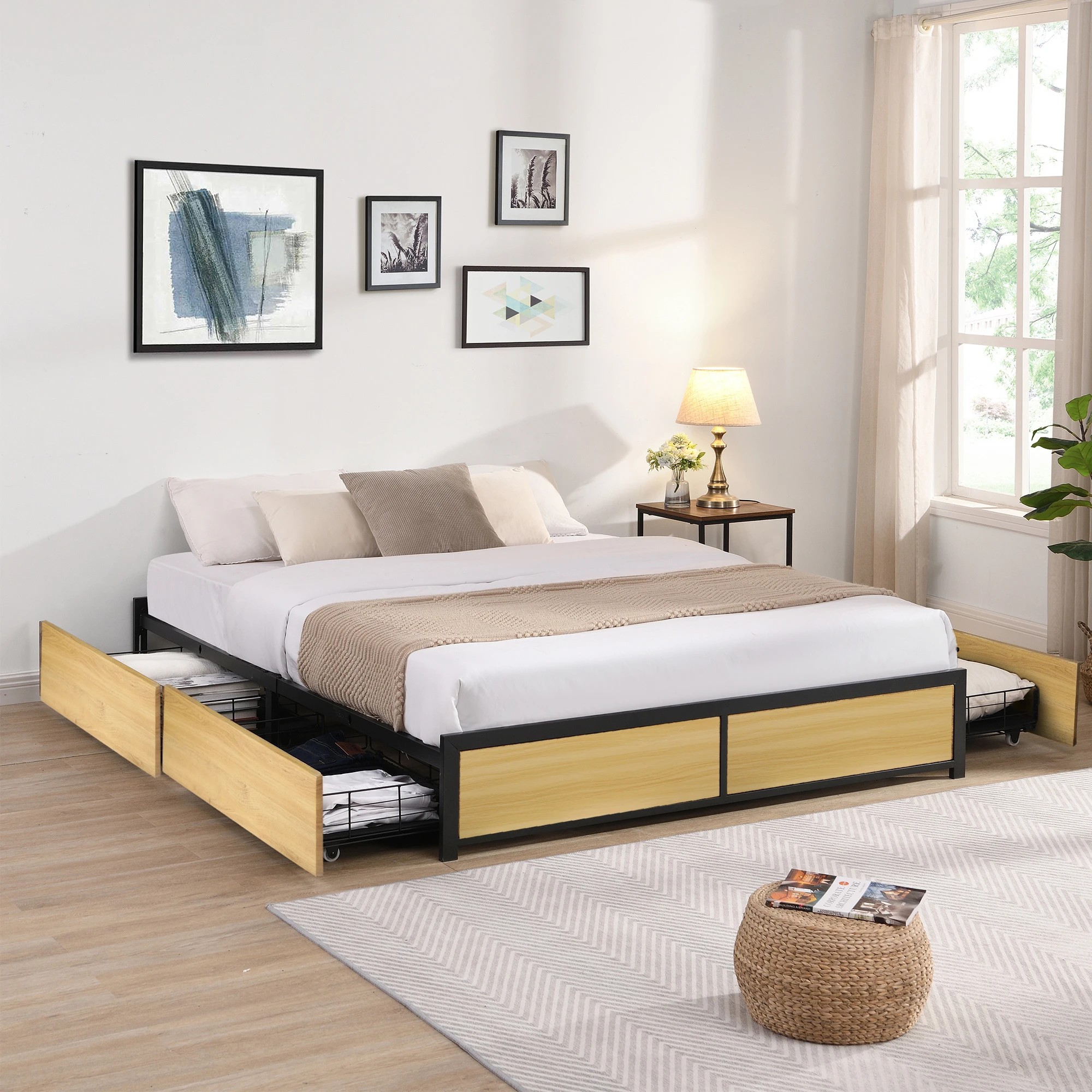 7 Levede Queen Metal Bed Frame With 4 Drawers - Natural, 7 of 9