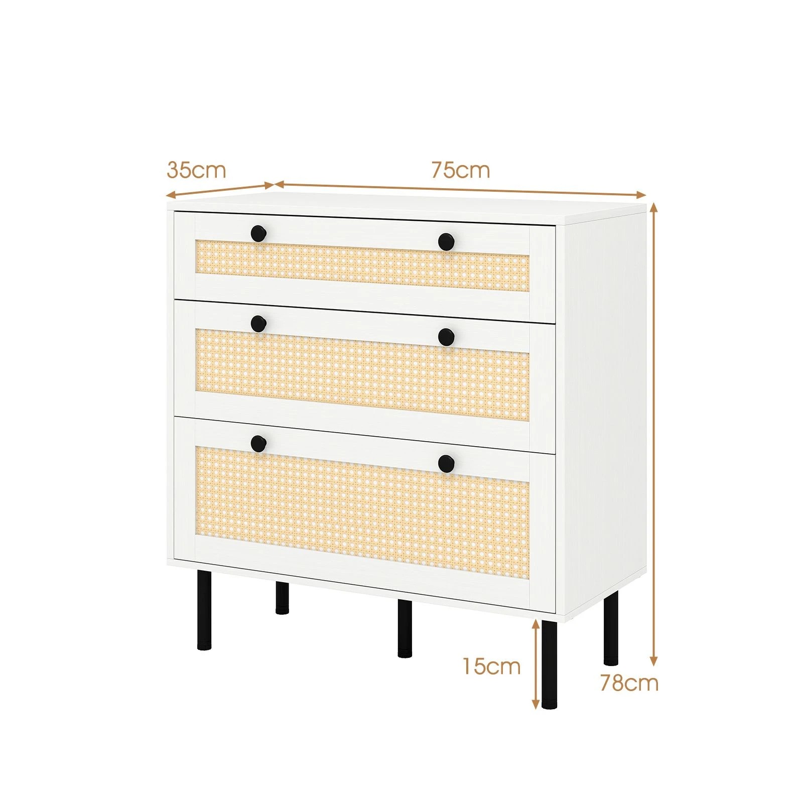3 Costway 3 Chest of Drawer Wood Sideboard 3-Drawer Rattan Nightstand Home Office Bedside Table, 3 of 4