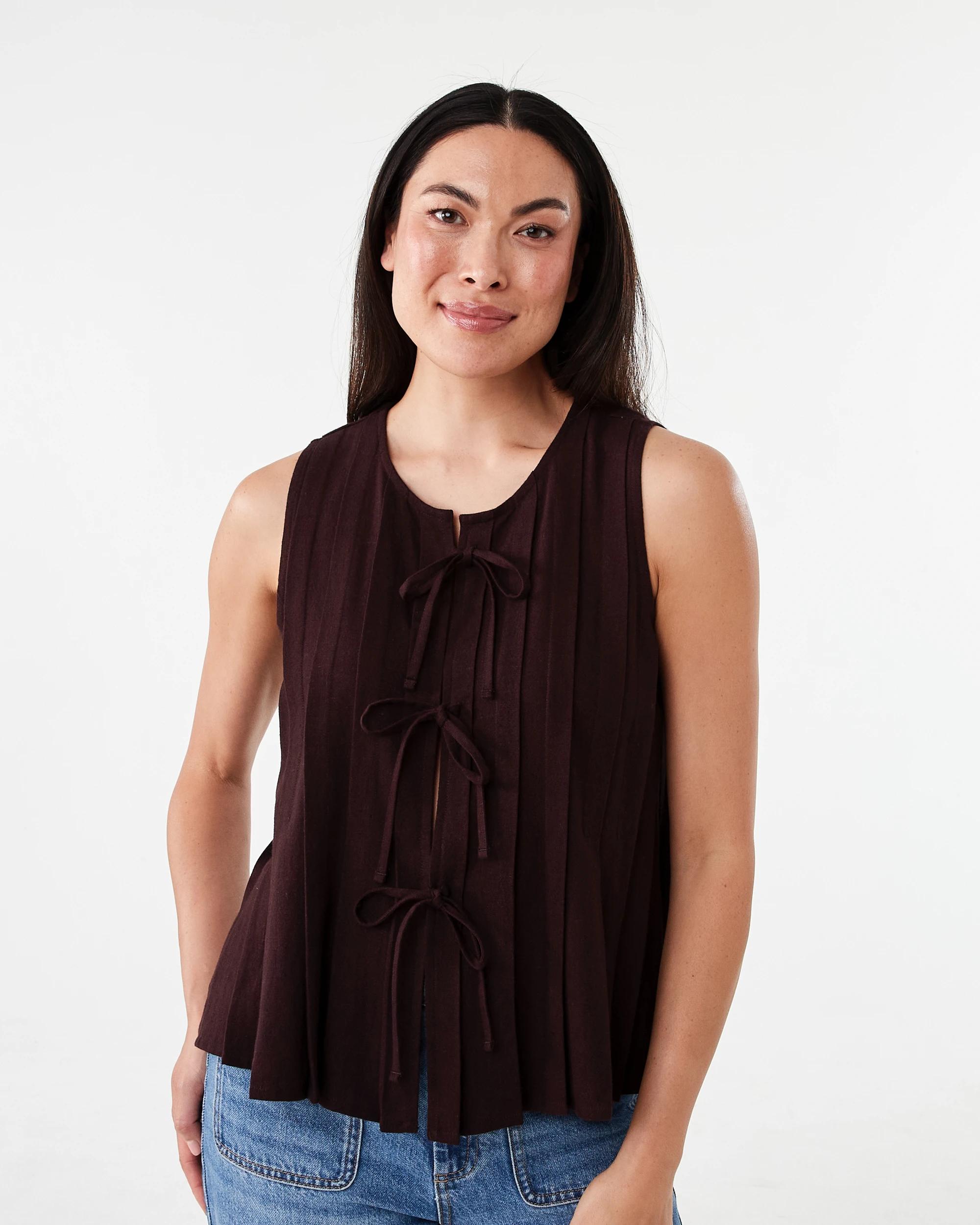 1 Sleeveless Pleated Tie Front Top Choc Plum, 1 of 7