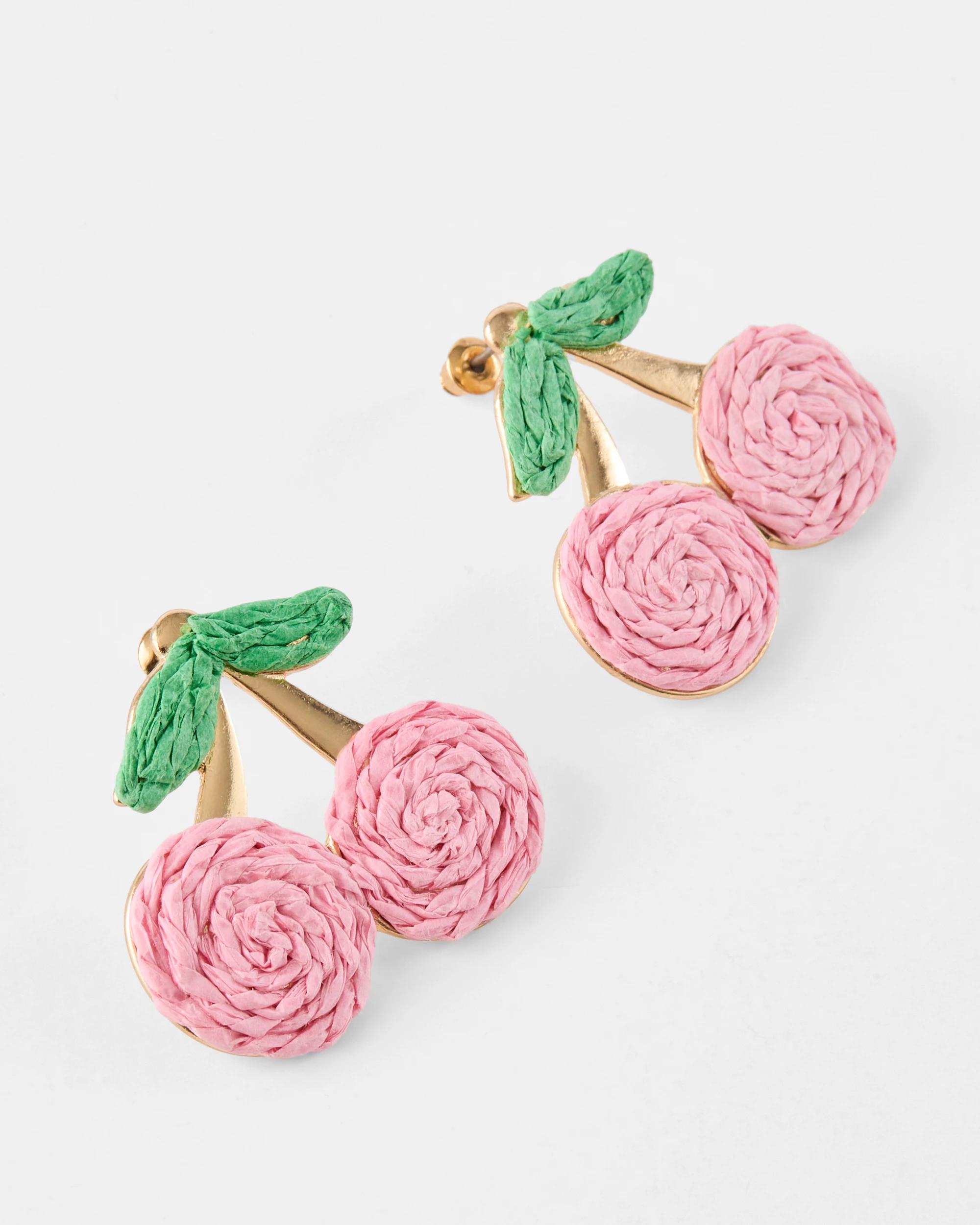2 Paper Cherry Stud Earrings - Green, Pink and Gold Tone Gold, 2 of 6